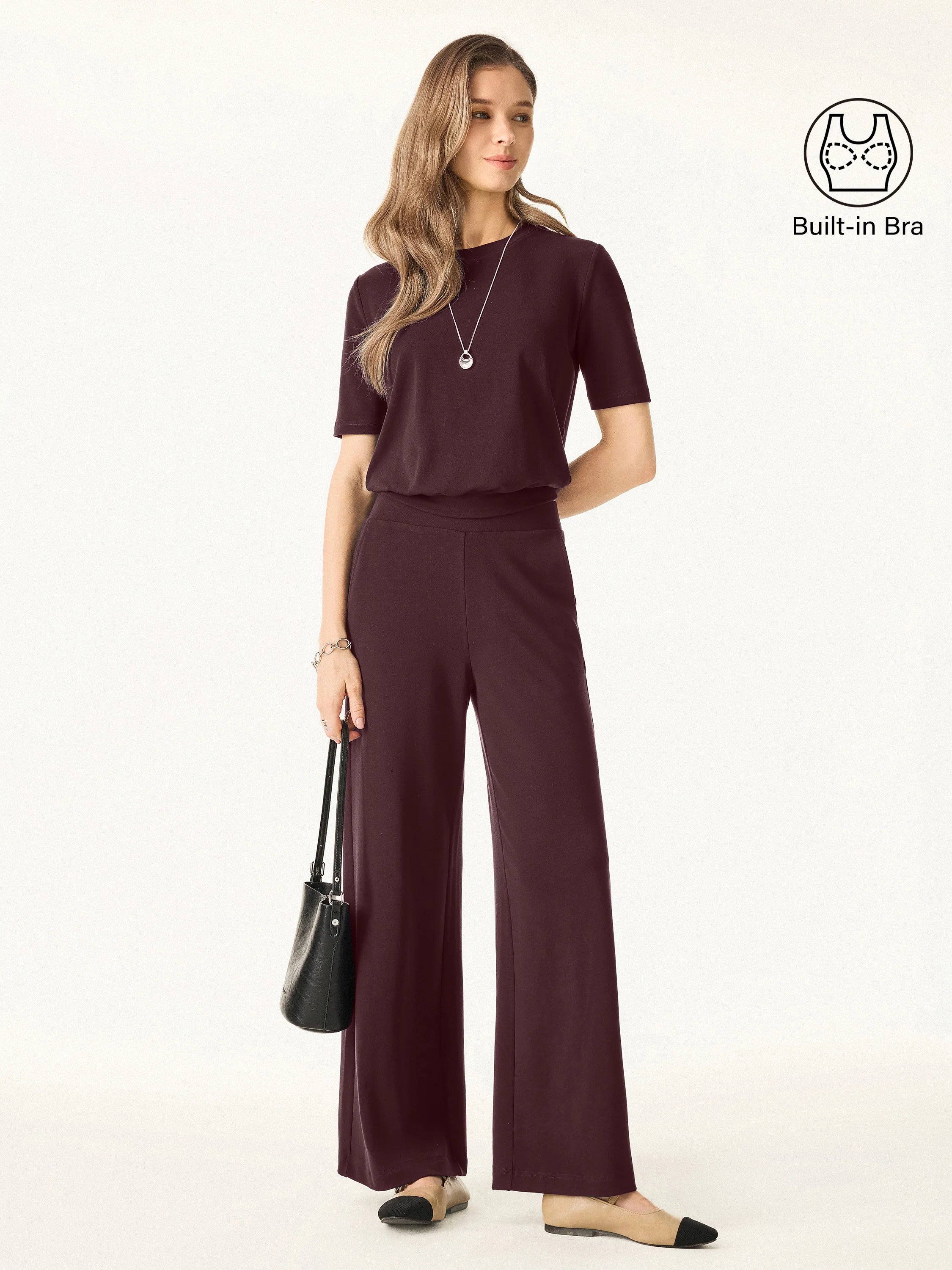 2Pcs Set Petite Mid Rise Wide Leg Pants with Pockets & Crewneck Bra Top with Banded Hem - Image 5