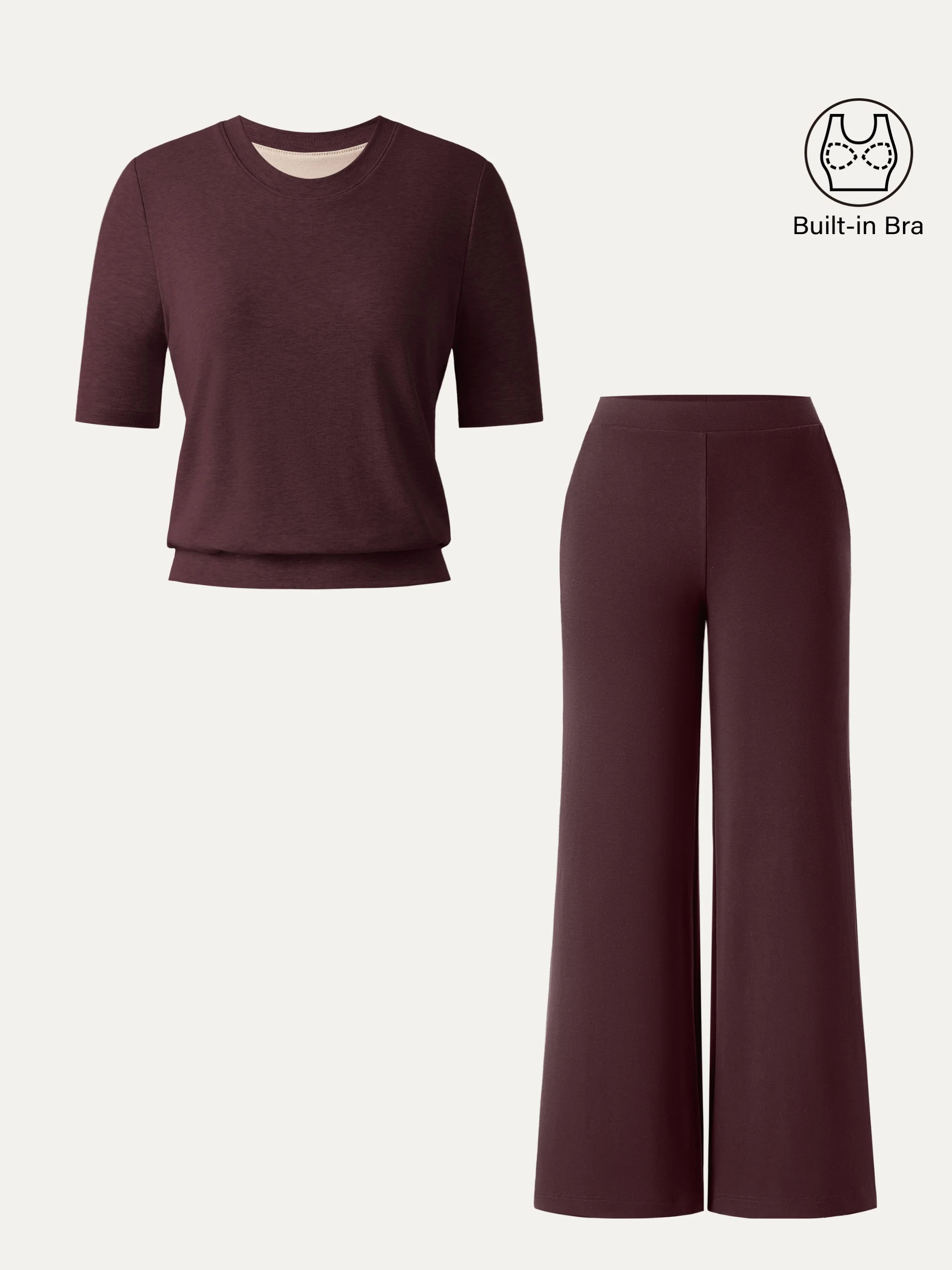 2Pcs Set Petite Mid Rise Wide Leg Pants with Pockets & Crewneck Bra Top with Banded Hem - Image 6