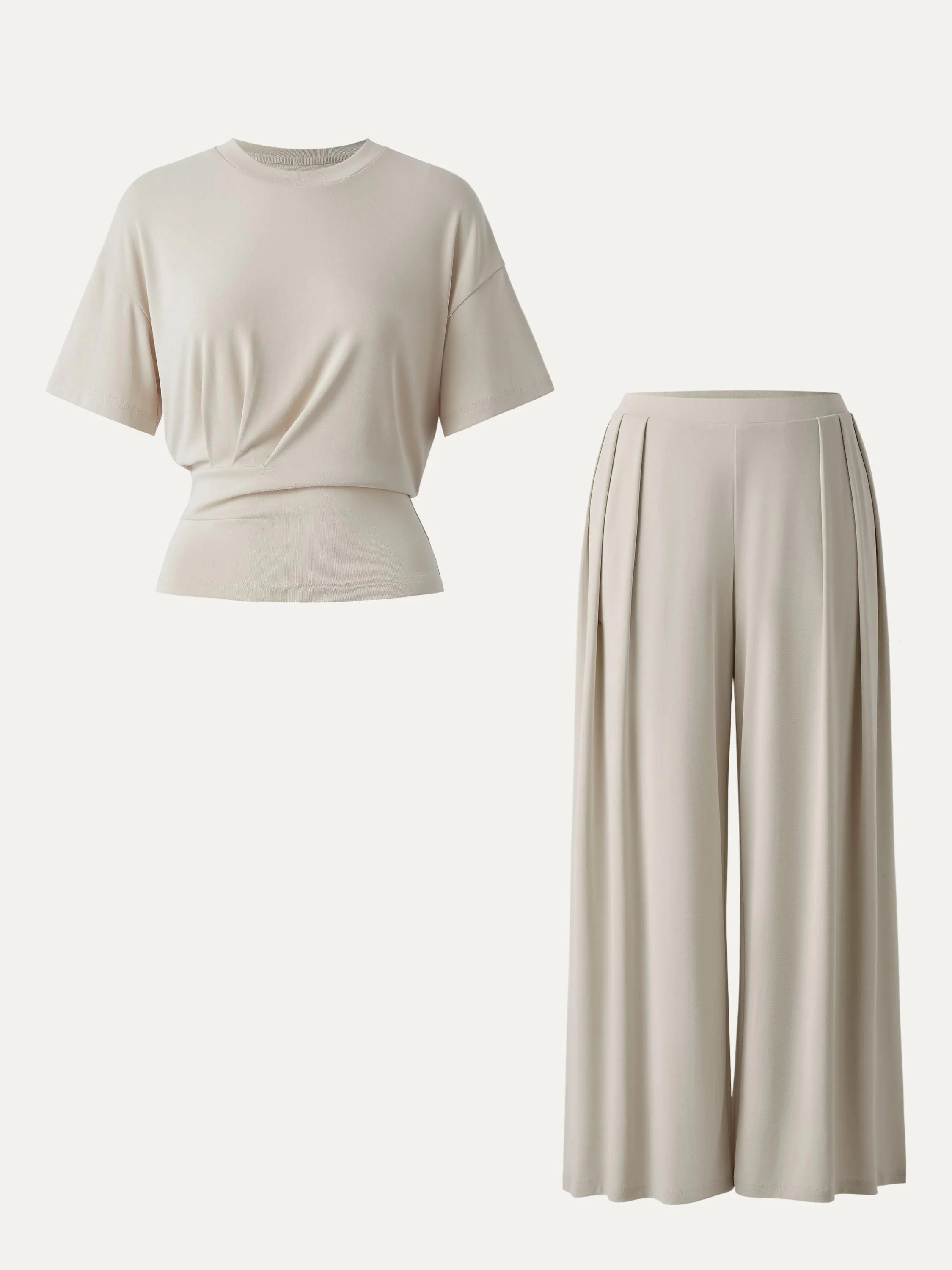 2Pcs Set Crewneck Short Sleeve Tee & Mid Rise Pleated Wide Leg Pants with Pockets - Image 2