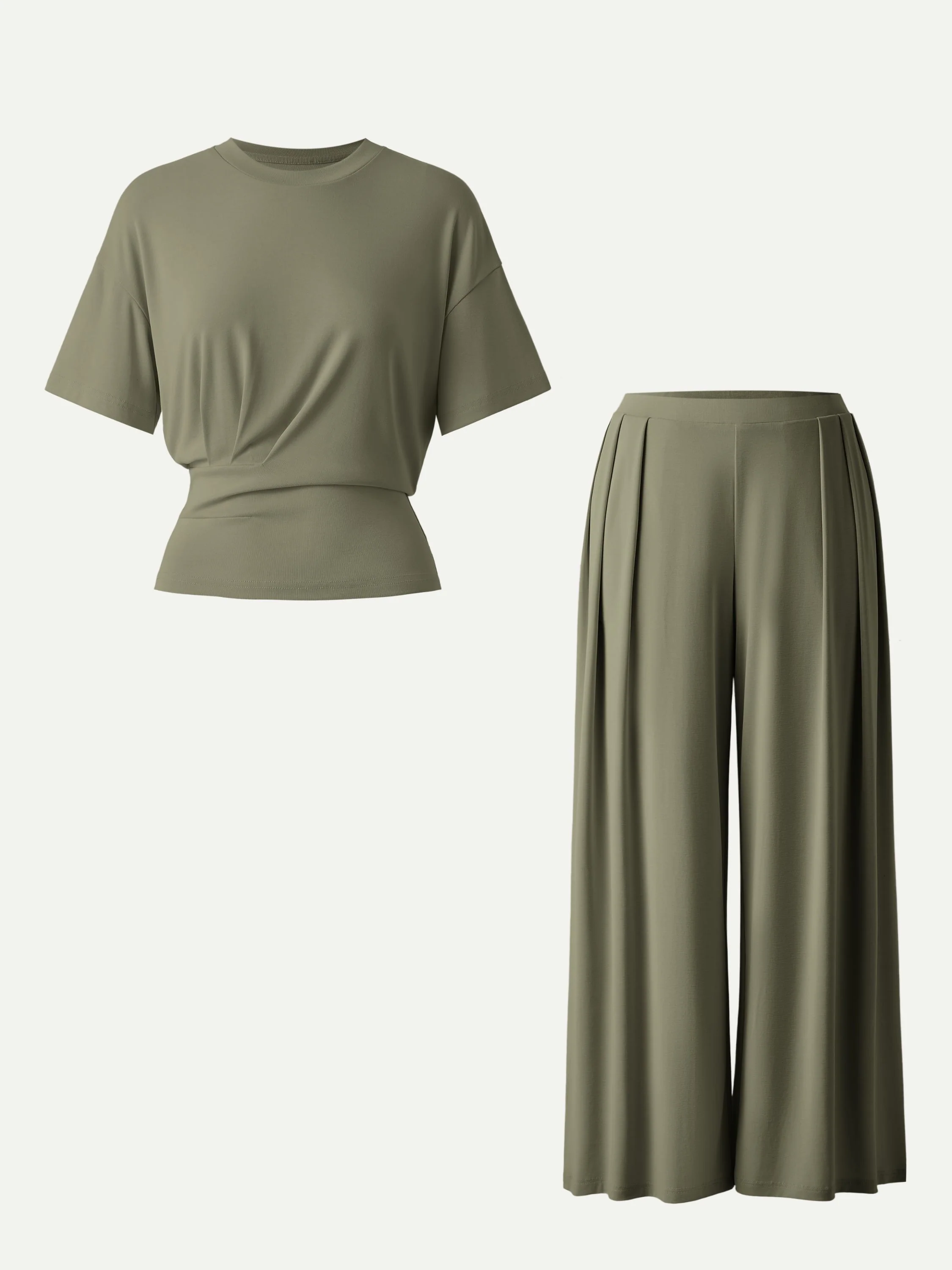 2Pcs Set Crewneck Short Sleeve Tee & Mid Rise Pleated Wide Leg Pants with Pockets - Image 3