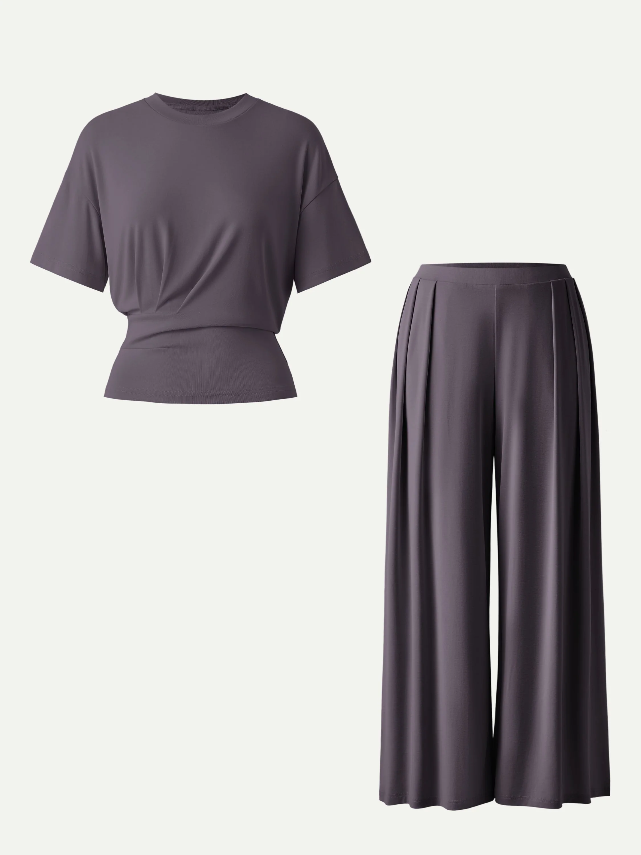 2Pcs Set Crewneck Short Sleeve Tee & Mid Rise Pleated Wide Leg Pants with Pockets - Image 4