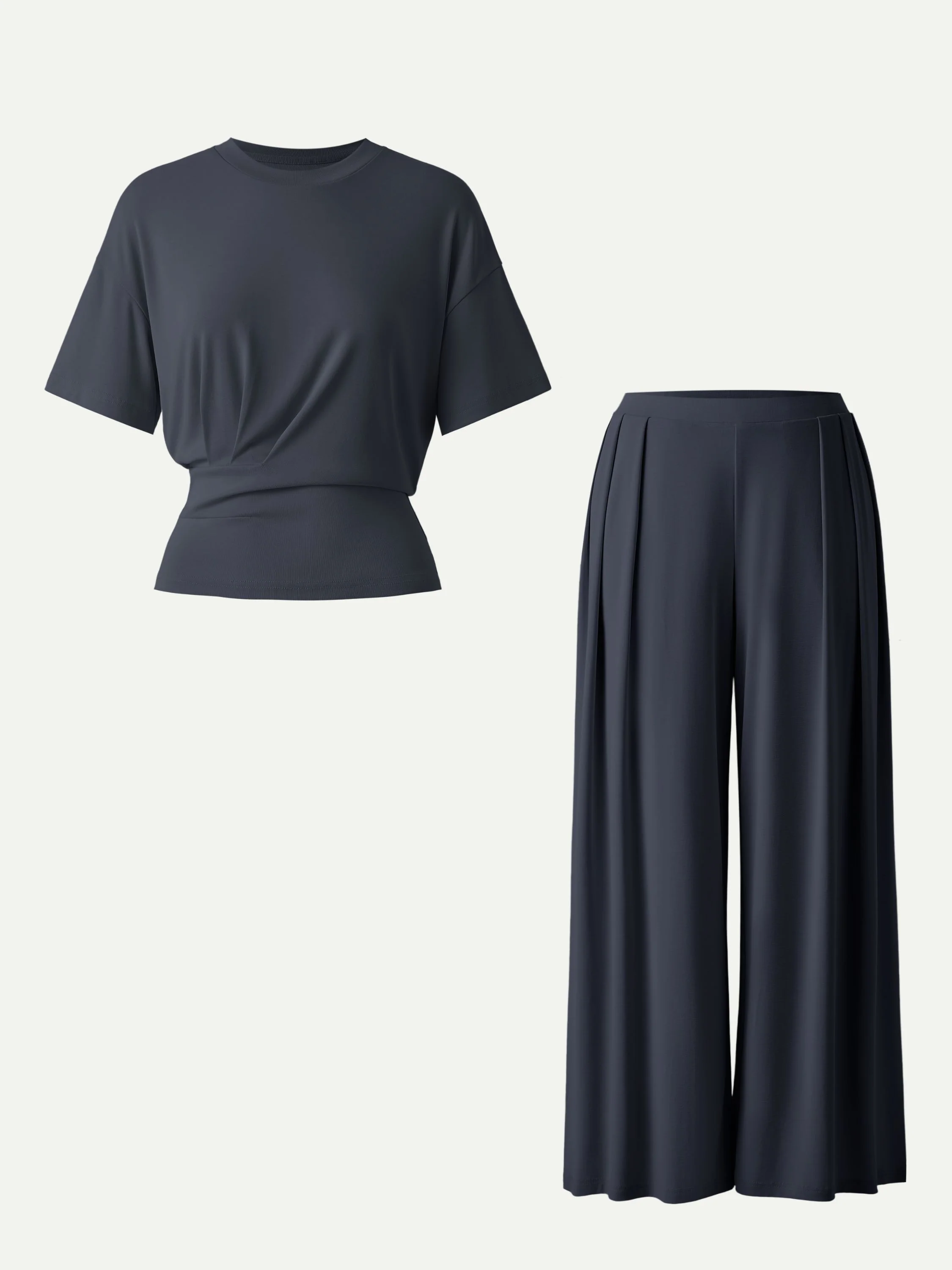 2Pcs Set Crewneck Short Sleeve Tee & Mid Rise Pleated Wide Leg Pants with Pockets - Image 5