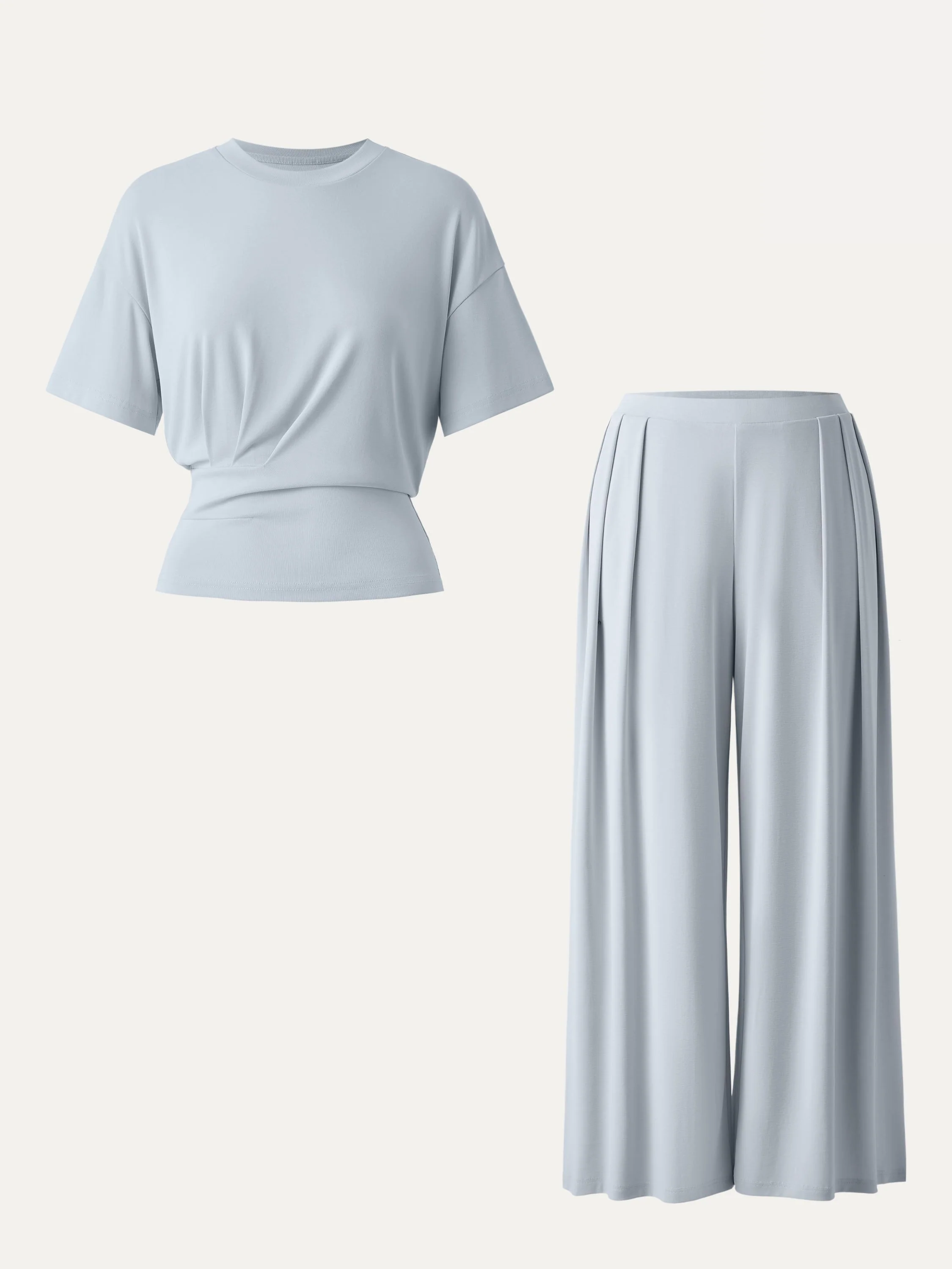 2Pcs Set Crewneck Short Sleeve Tee & Mid Rise Pleated Wide Leg Pants with Pockets - Image 6