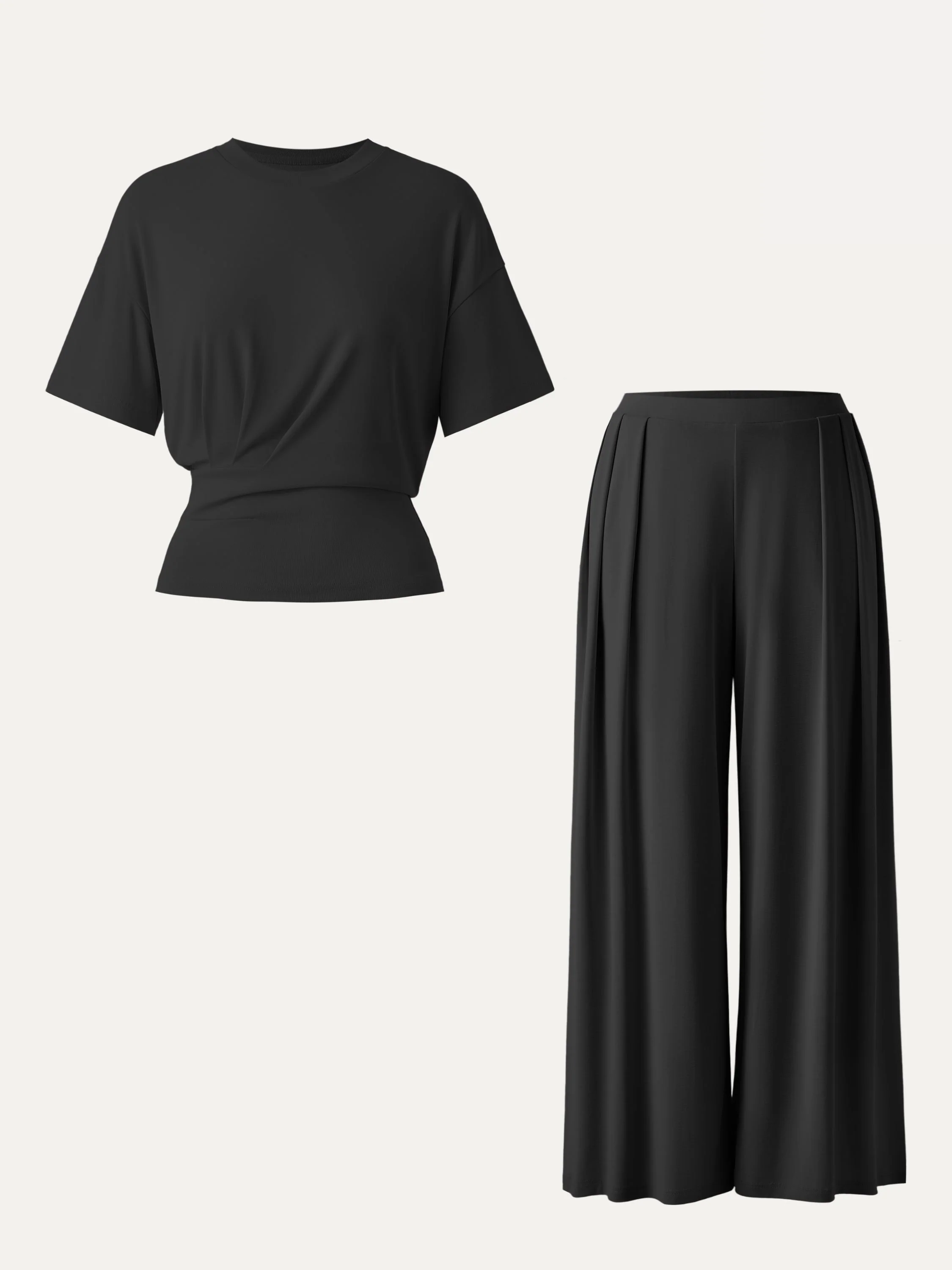2Pcs Set Crewneck Short Sleeve Tee & Mid Rise Pleated Wide Leg Pants with Pockets - Image 7