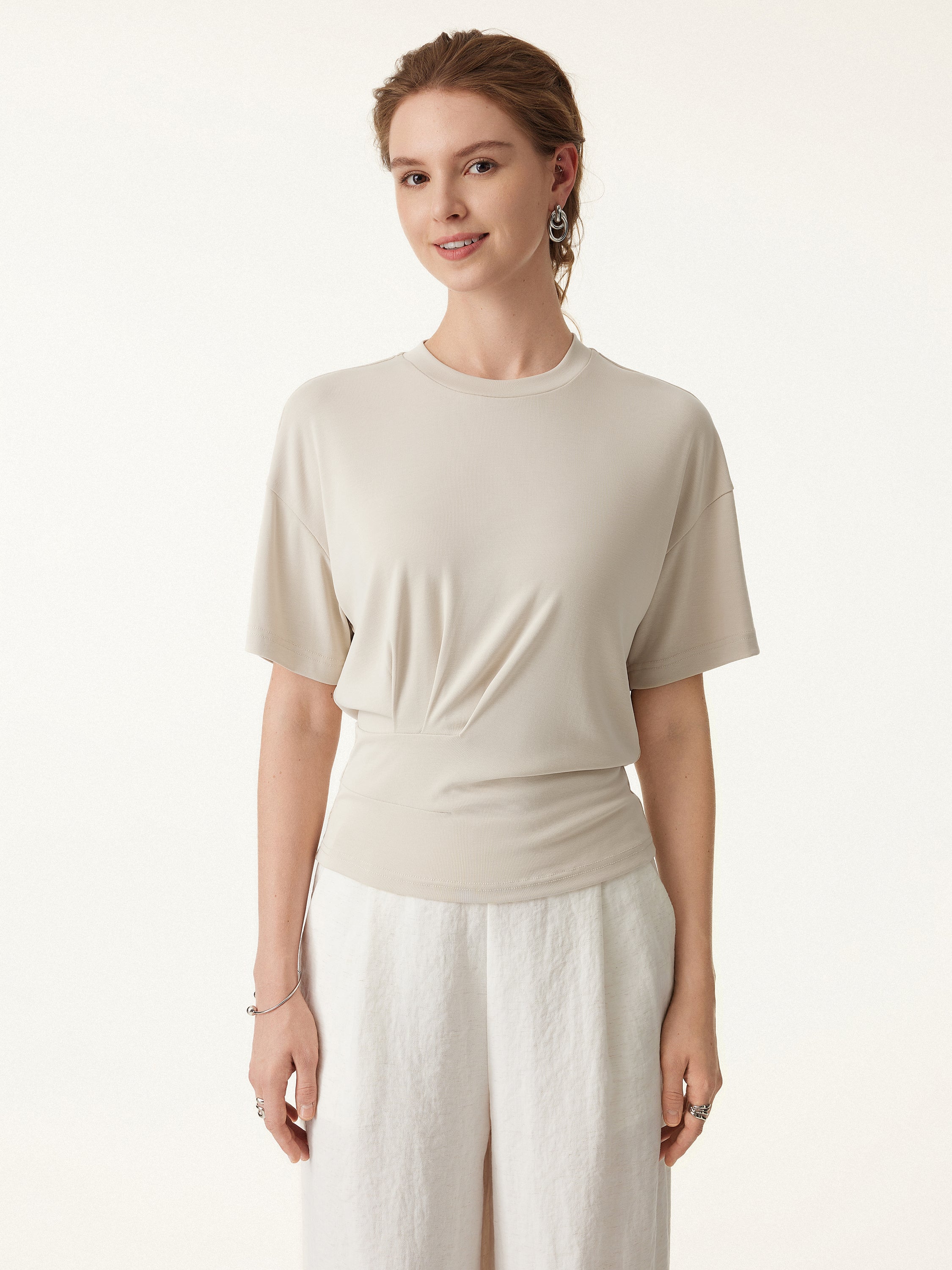 2Pcs Set Crewneck Short Sleeve Tee & Mid Rise Pleated Wide Leg Pants with Pockets - Image 9