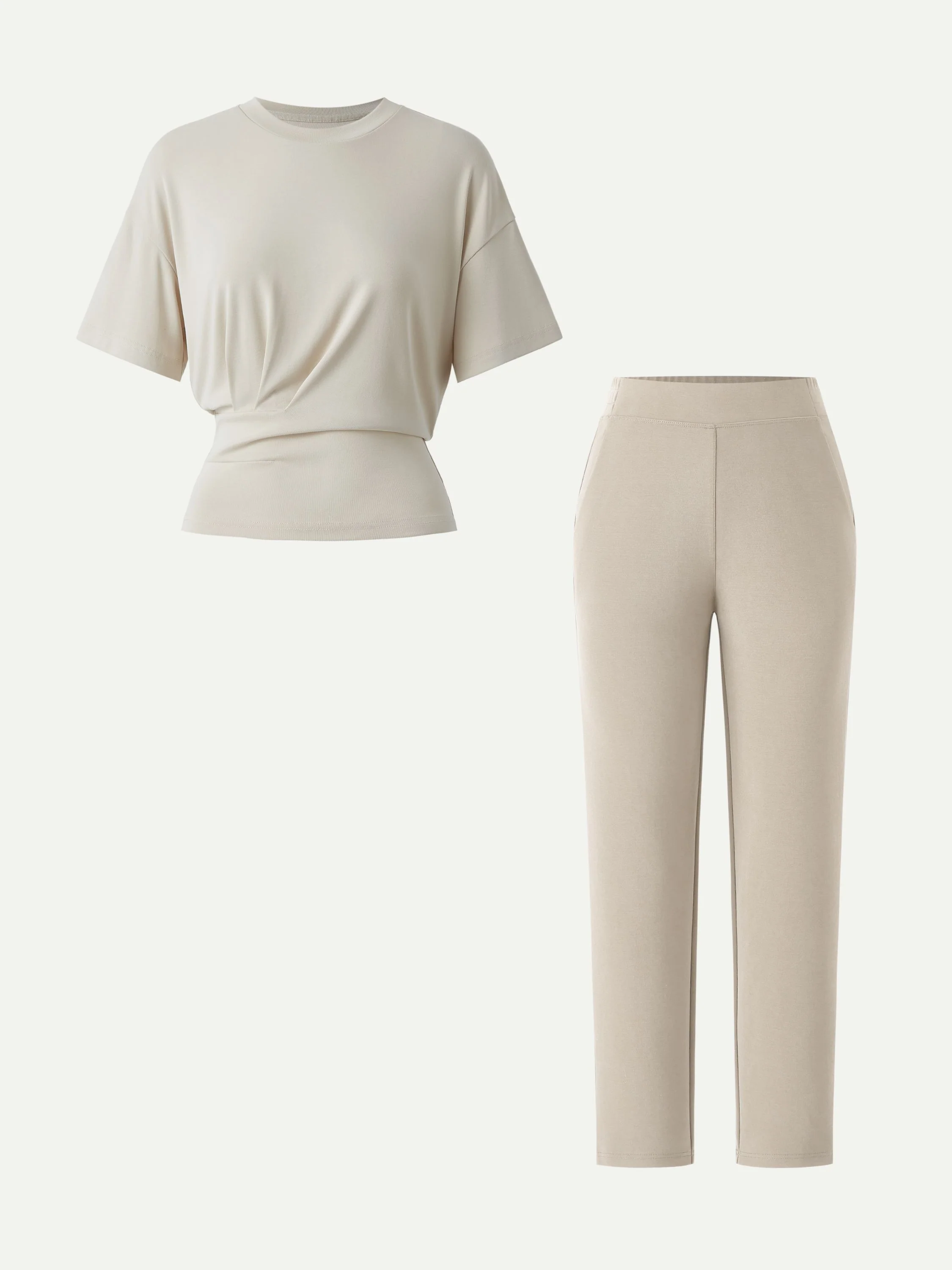 2Pcs Set Crewneck Tucked Tee & Mid Rise Tapered Pants with Pockets - Image 2