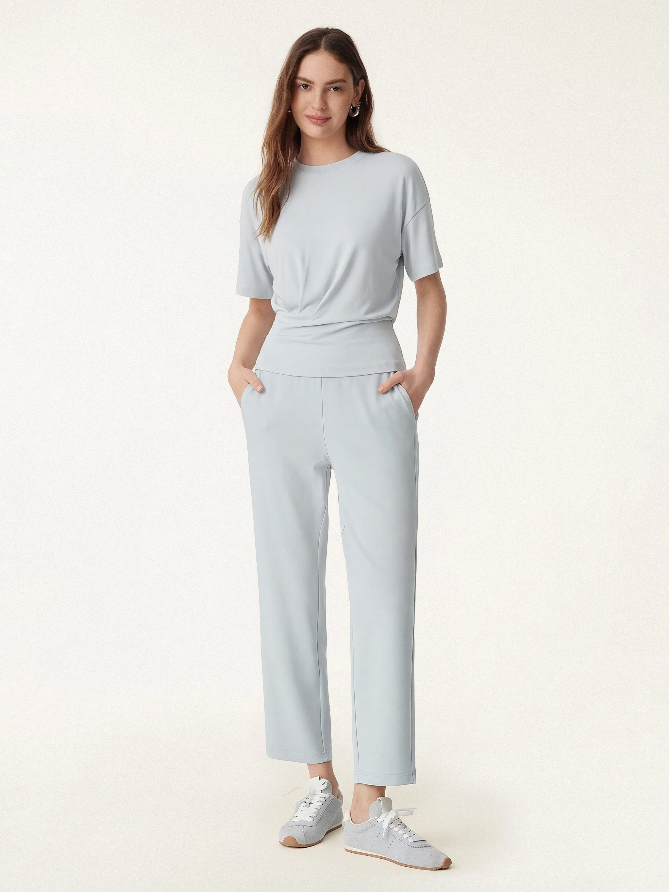 2Pcs Set Crewneck Tucked Tee & Mid Rise Tapered Pants with Pockets - Image 3