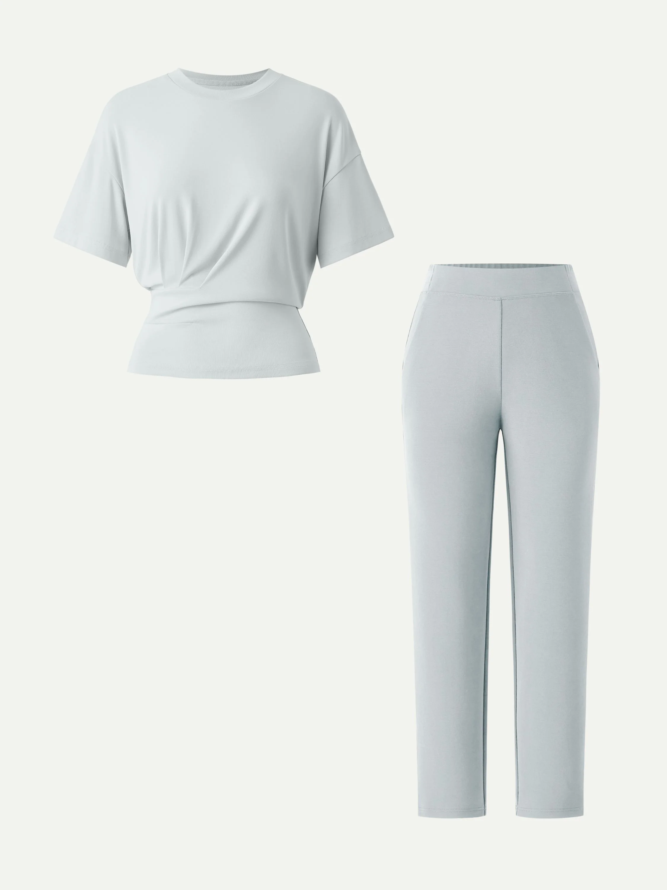 2Pcs Set Crewneck Tucked Tee & Mid Rise Tapered Pants with Pockets - Image 4