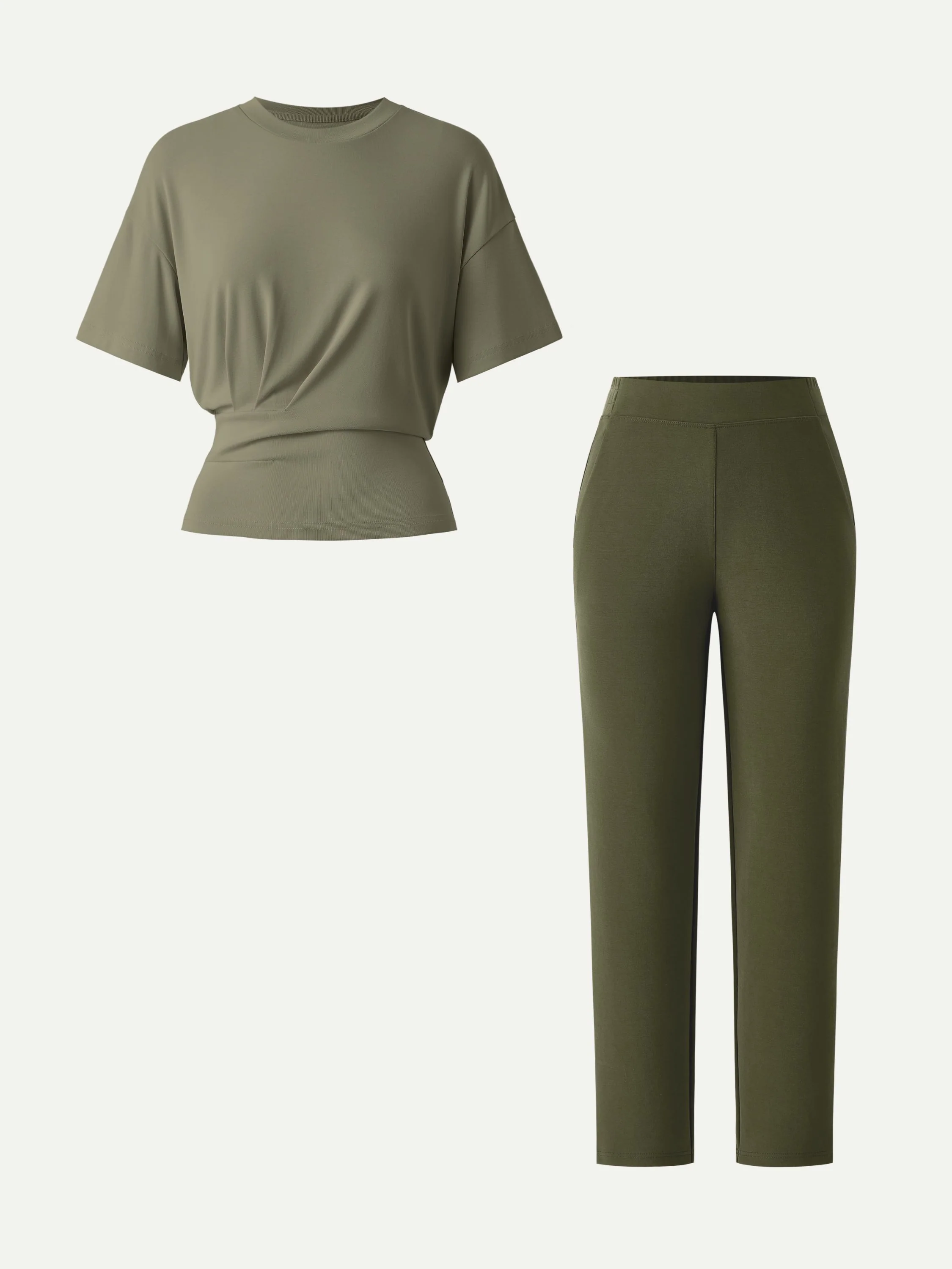 2Pcs Set Crewneck Tucked Tee & Mid Rise Tapered Pants with Pockets - Image 5