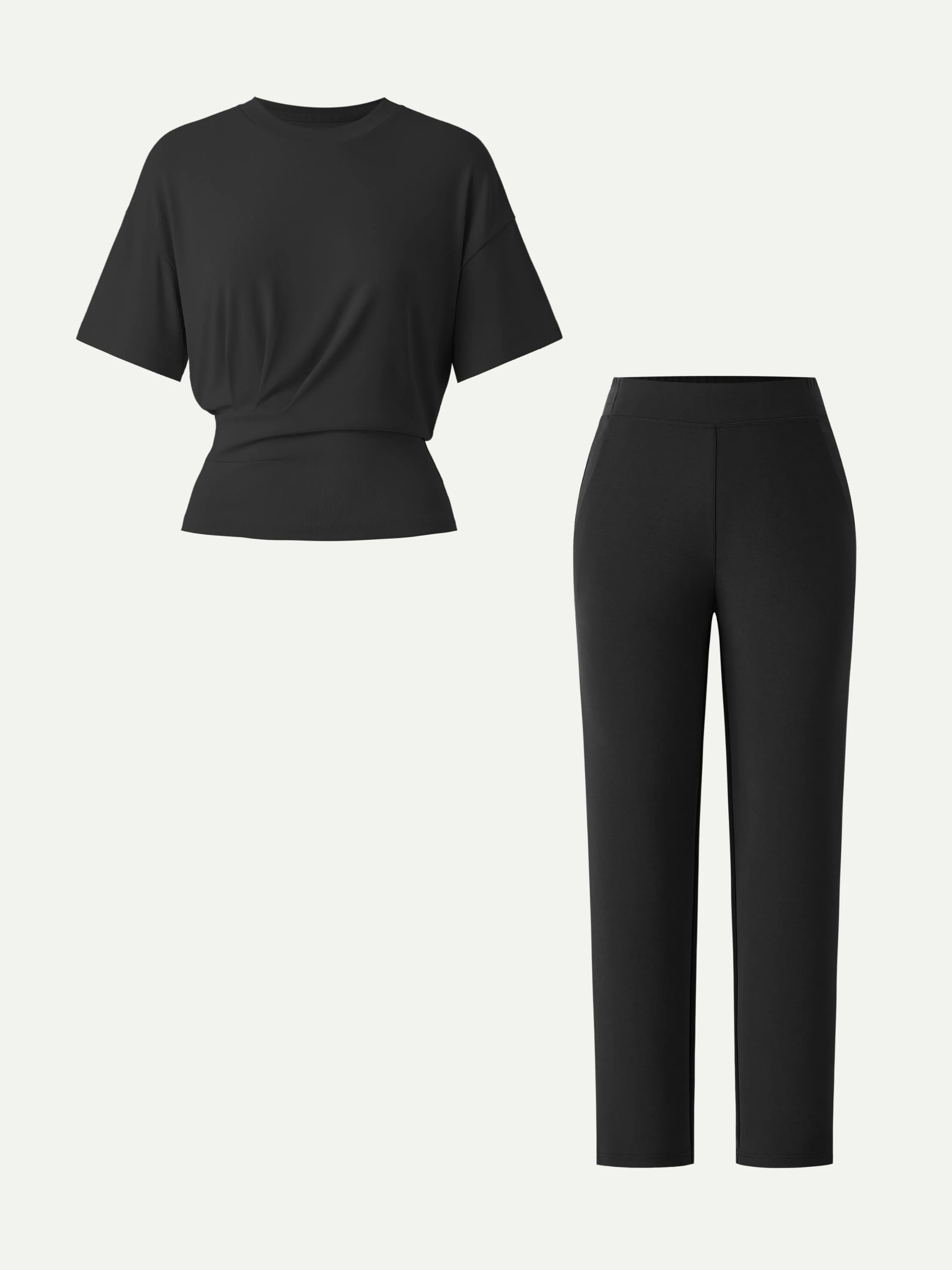 2Pcs Set Crewneck Tucked Tee & Mid Rise Tapered Pants with Pockets - Image 6