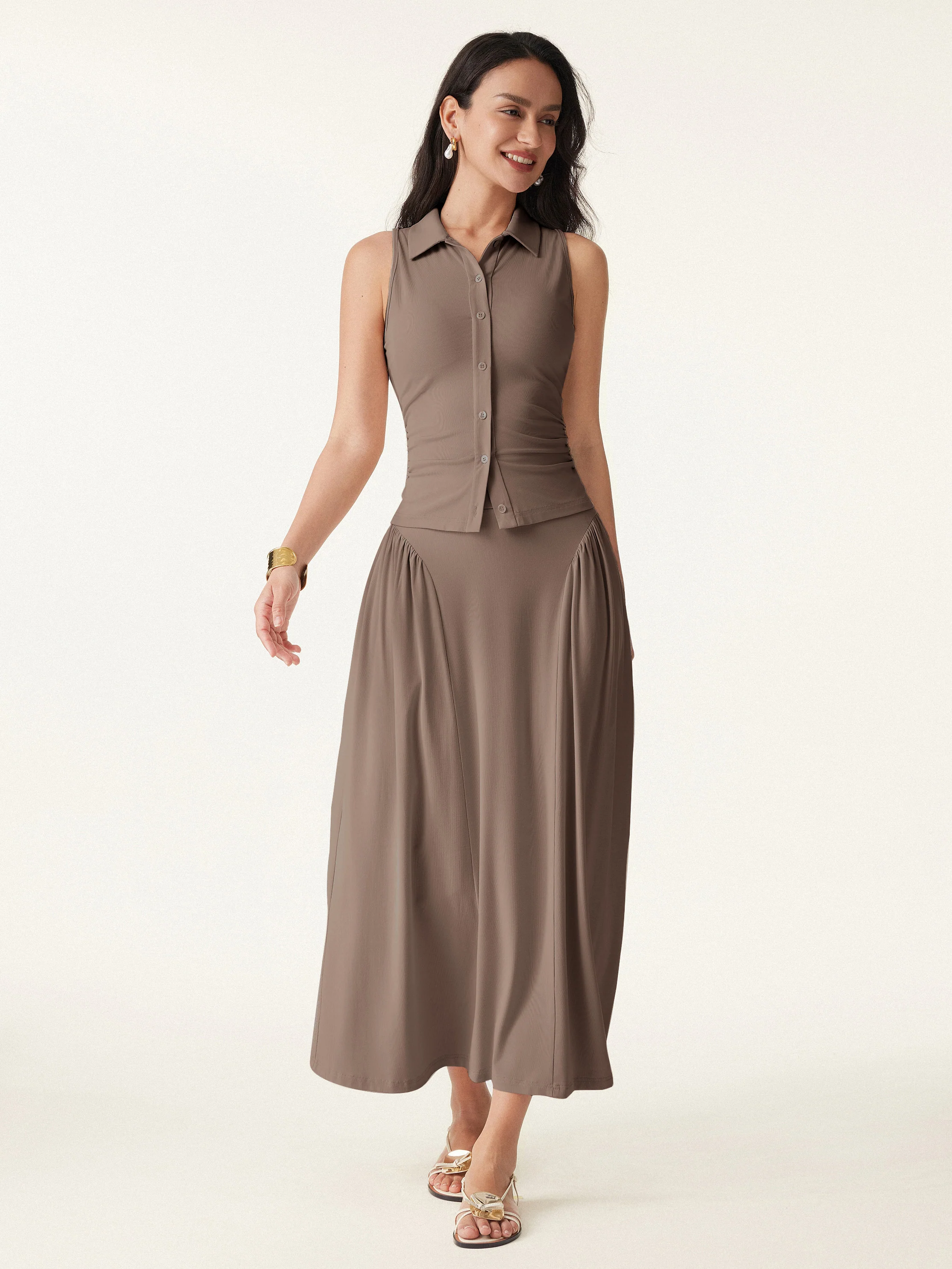 2Pcs Set Faux Button Placket Shirt Tank & Flared Midi Skirt with Pockets - Image 10