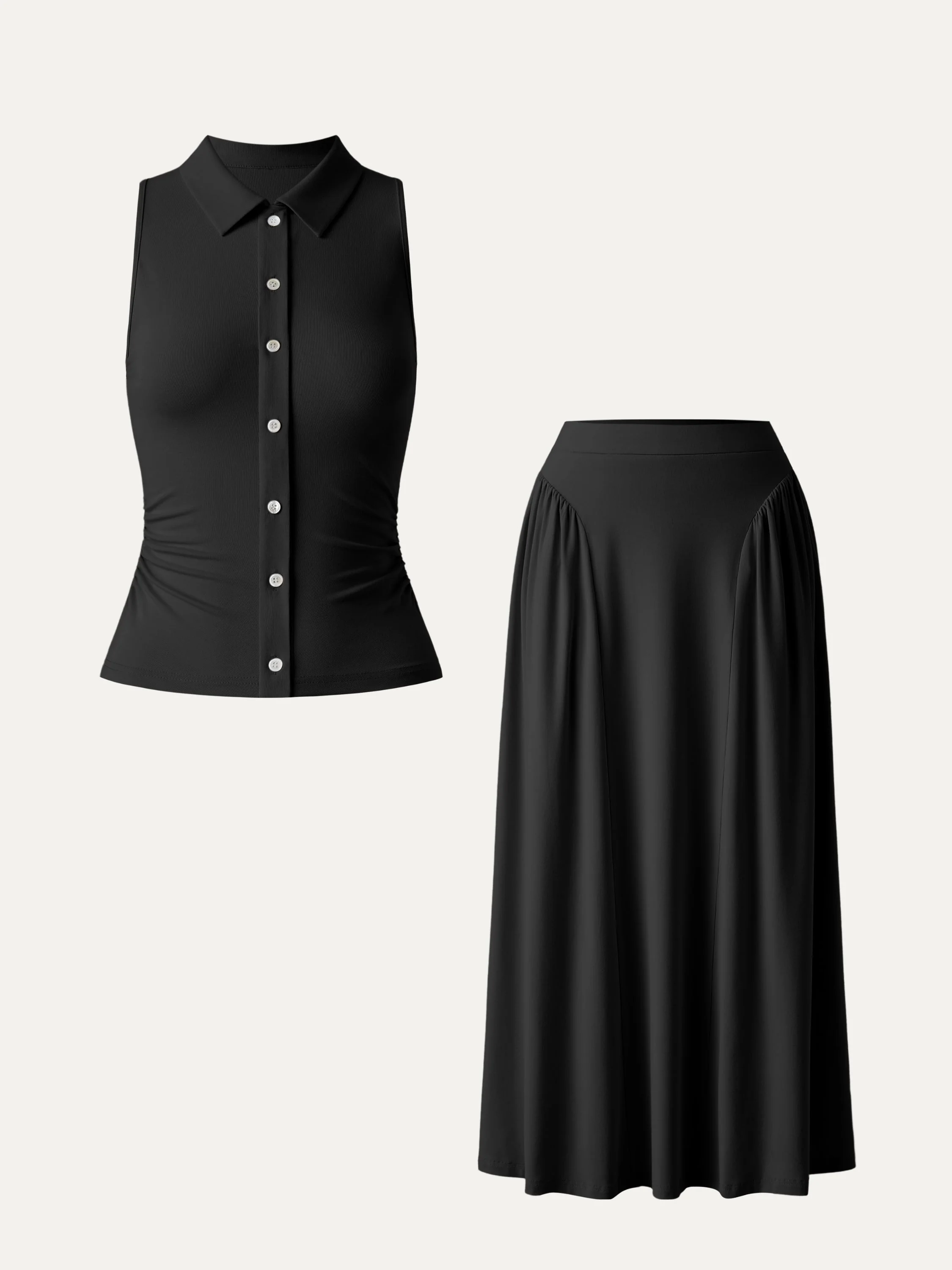 2Pcs Set Faux Button Placket Shirt Tank & Flared Midi Skirt with Pockets - Image 18