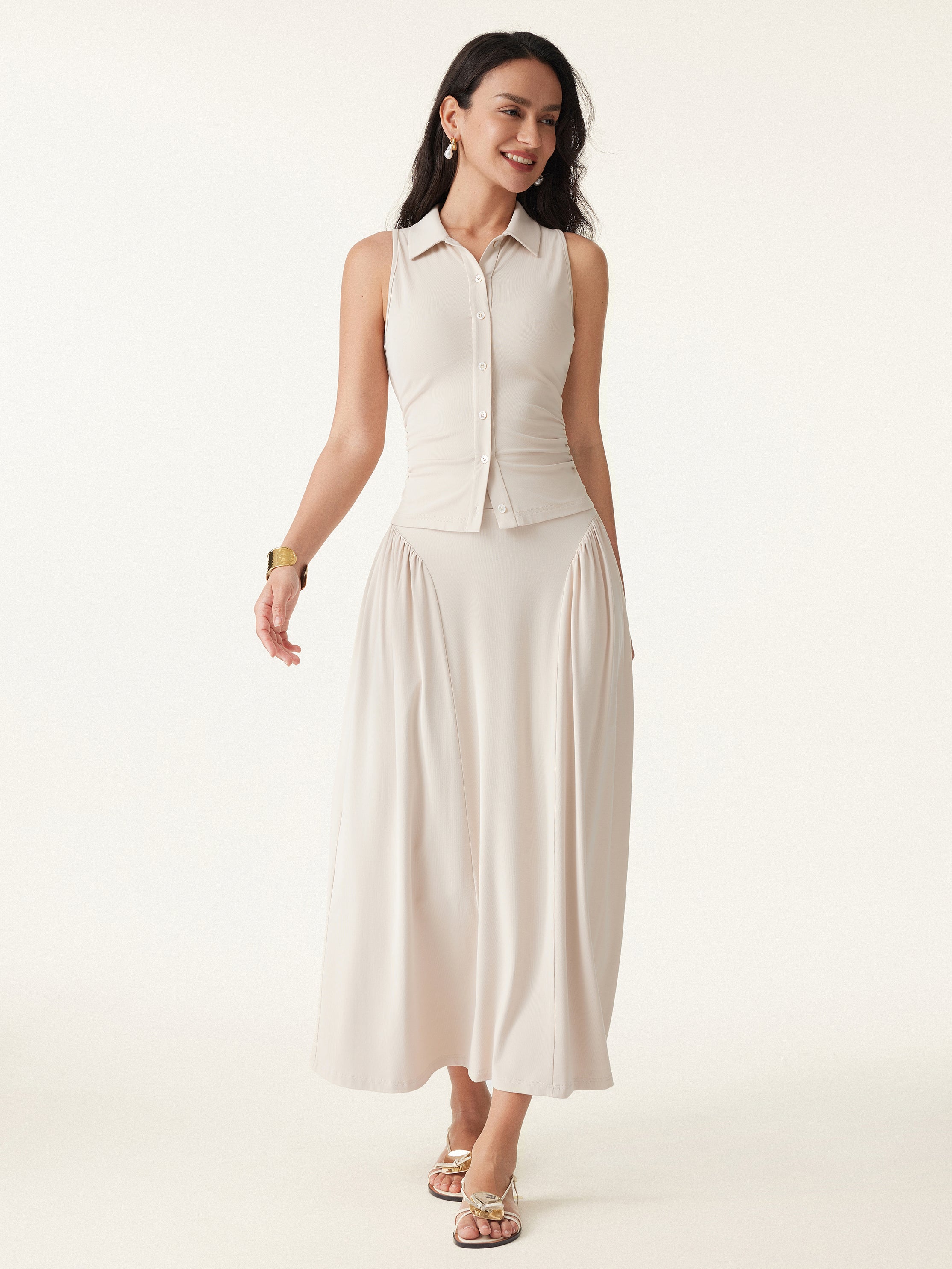 Curved Gathering Flared Midi Skirt with Pockets - Image 3