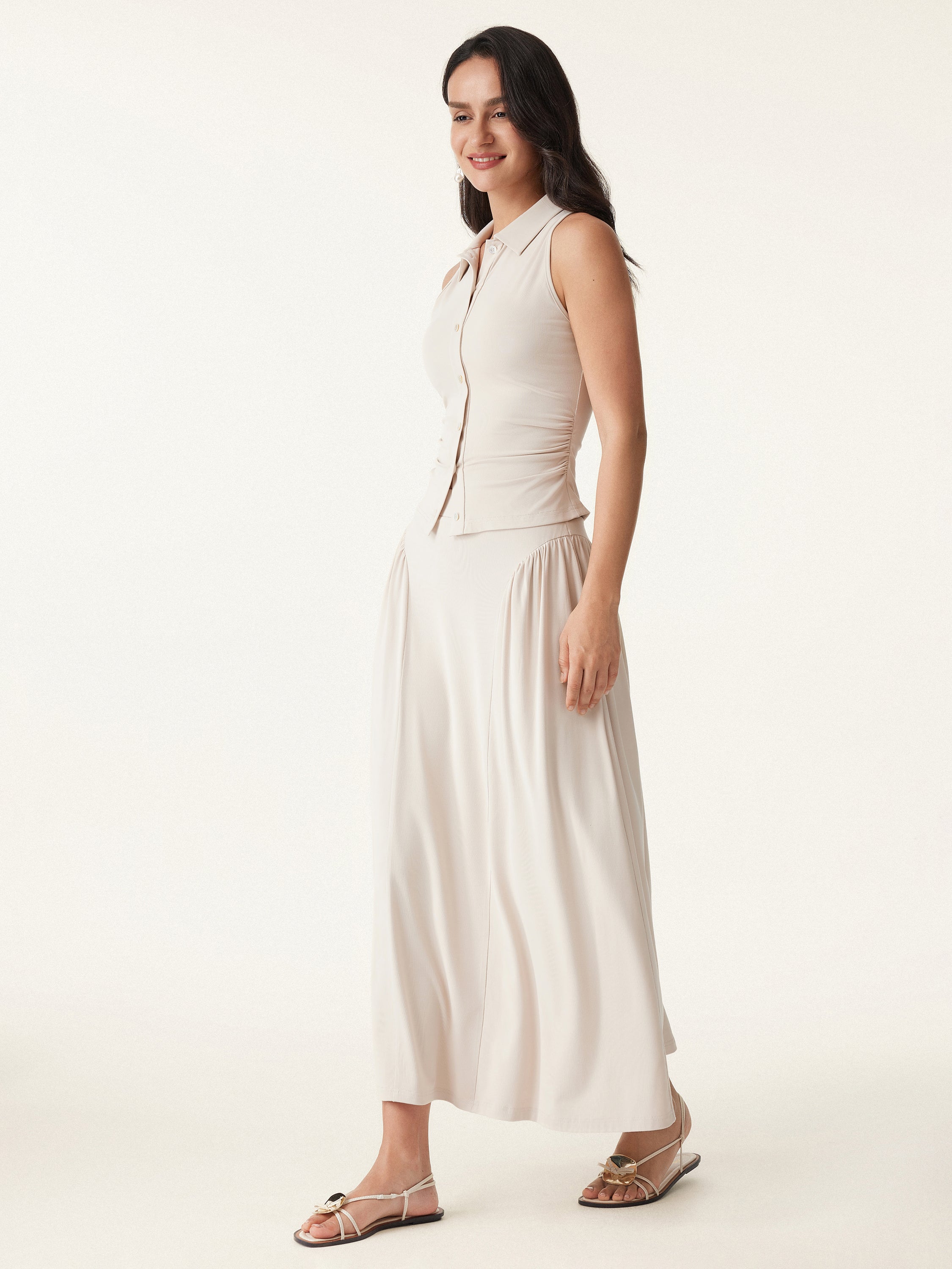 2Pcs Set Faux Button Placket Shirt Tank & Flared Midi Skirt with Pockets - Image 4