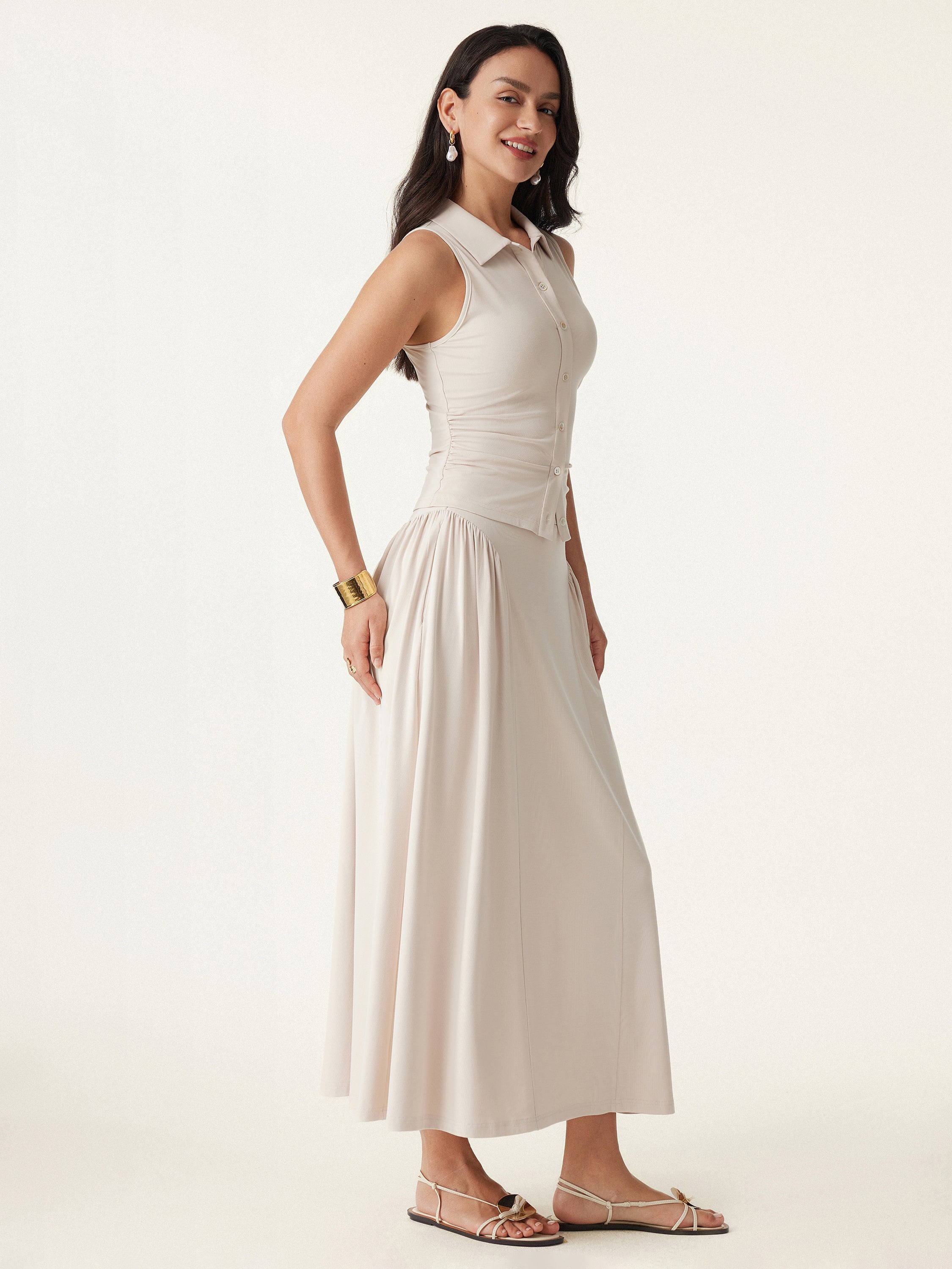 2Pcs Set Faux Button Placket Shirt Tank & Flared Midi Skirt with Pockets - Image 5