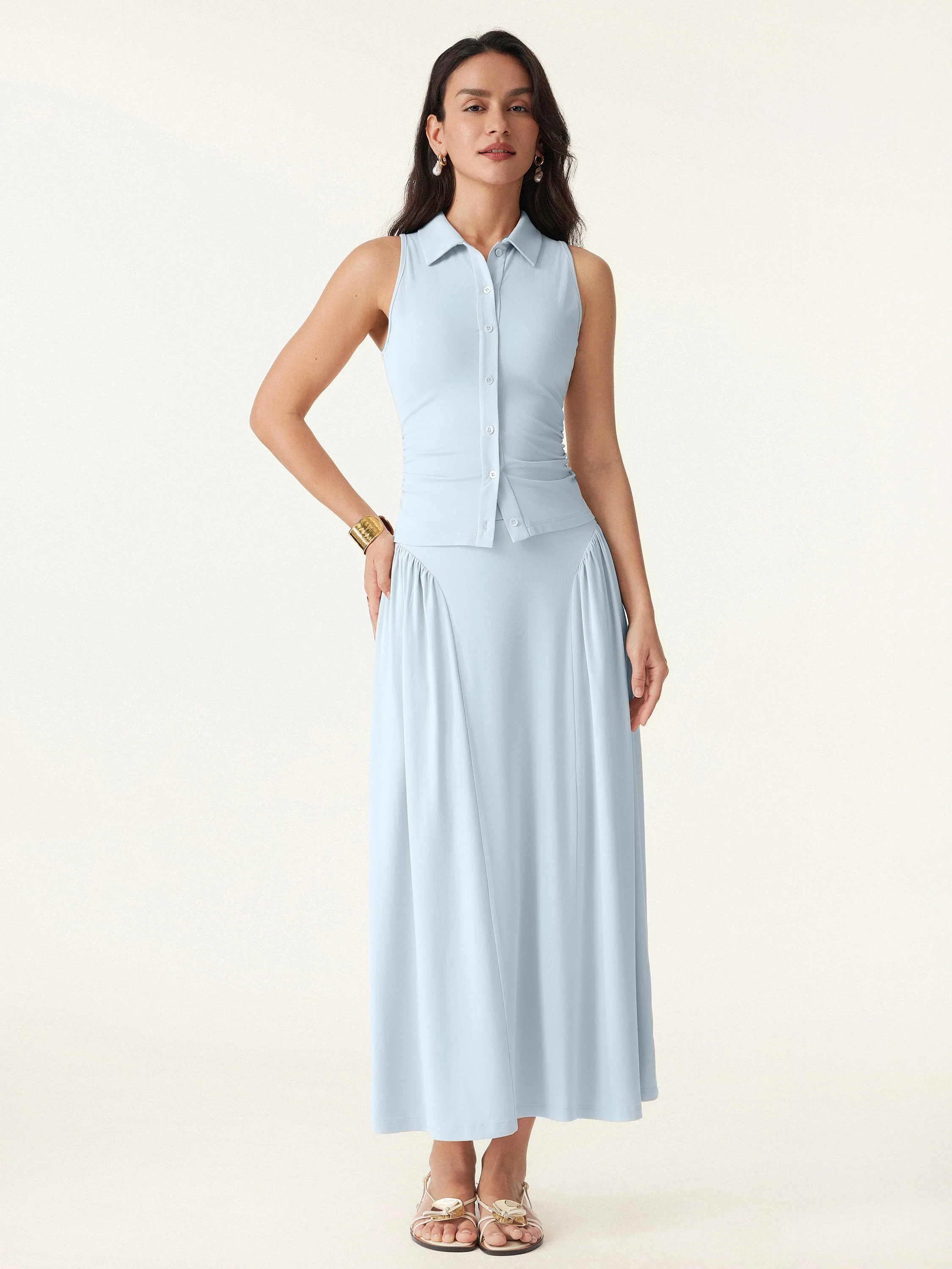 2Pcs Set Faux Button Placket Shirt Tank & Flared Midi Skirt with Pockets - Image 7