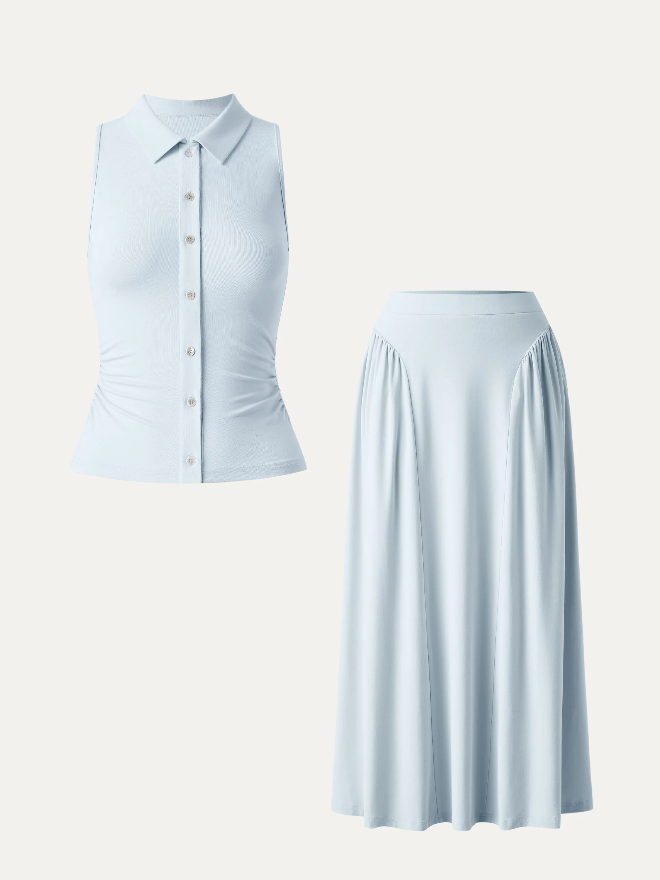 2Pcs Set Faux Button Placket Shirt Tank & Flared Midi Skirt with Pockets - Image 8