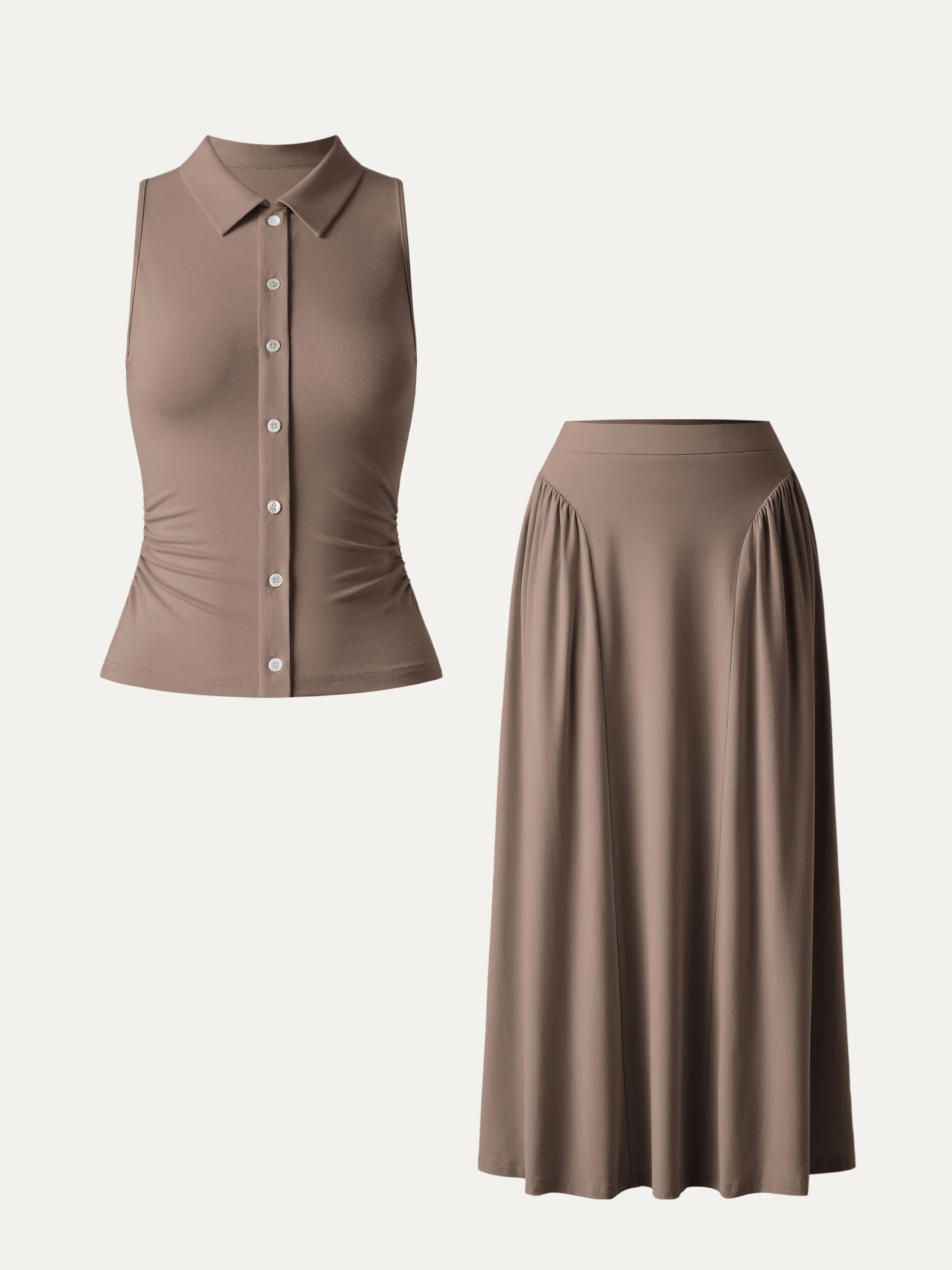 2Pcs Set Faux Button Placket Shirt Tank & Flared Midi Skirt with Pockets - Image 9