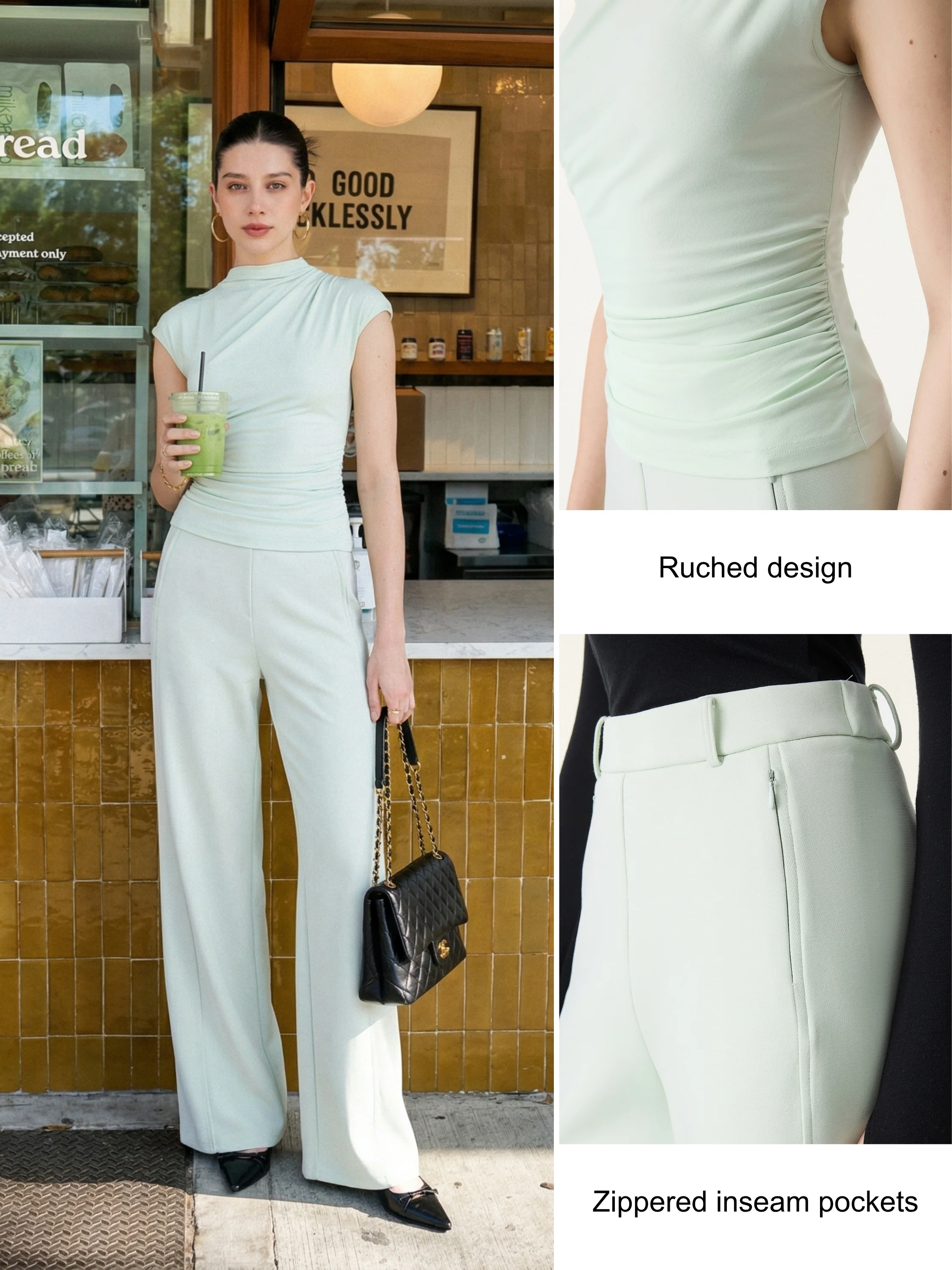 2Pcs Set Mockneck Cropped Bra Top & Slimming High Rise Wide Leg Pants - Image 2