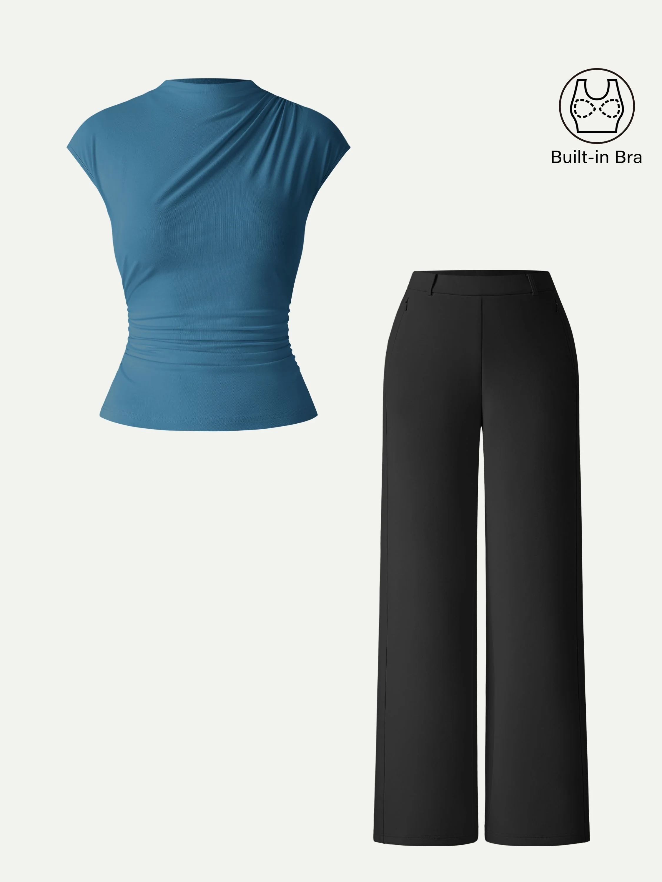 2Pcs Set Mockneck Cropped Bra Top & Slimming High Rise Wide Leg Pants - Image 5