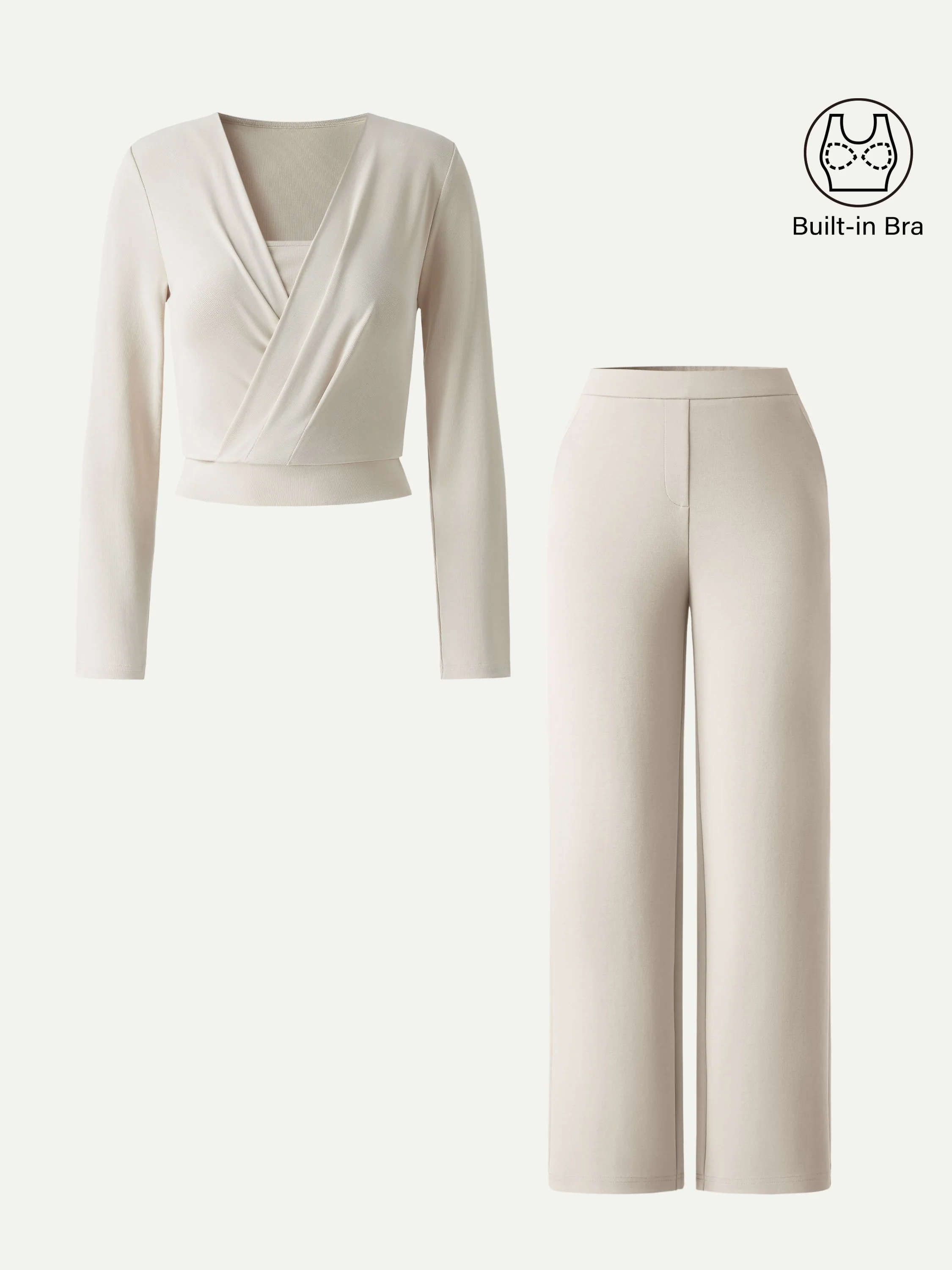 2Pcs Set Modal 2-in-1 Wrap Bra Top & Straight Leg Pull-on Travel Pants - Image 16