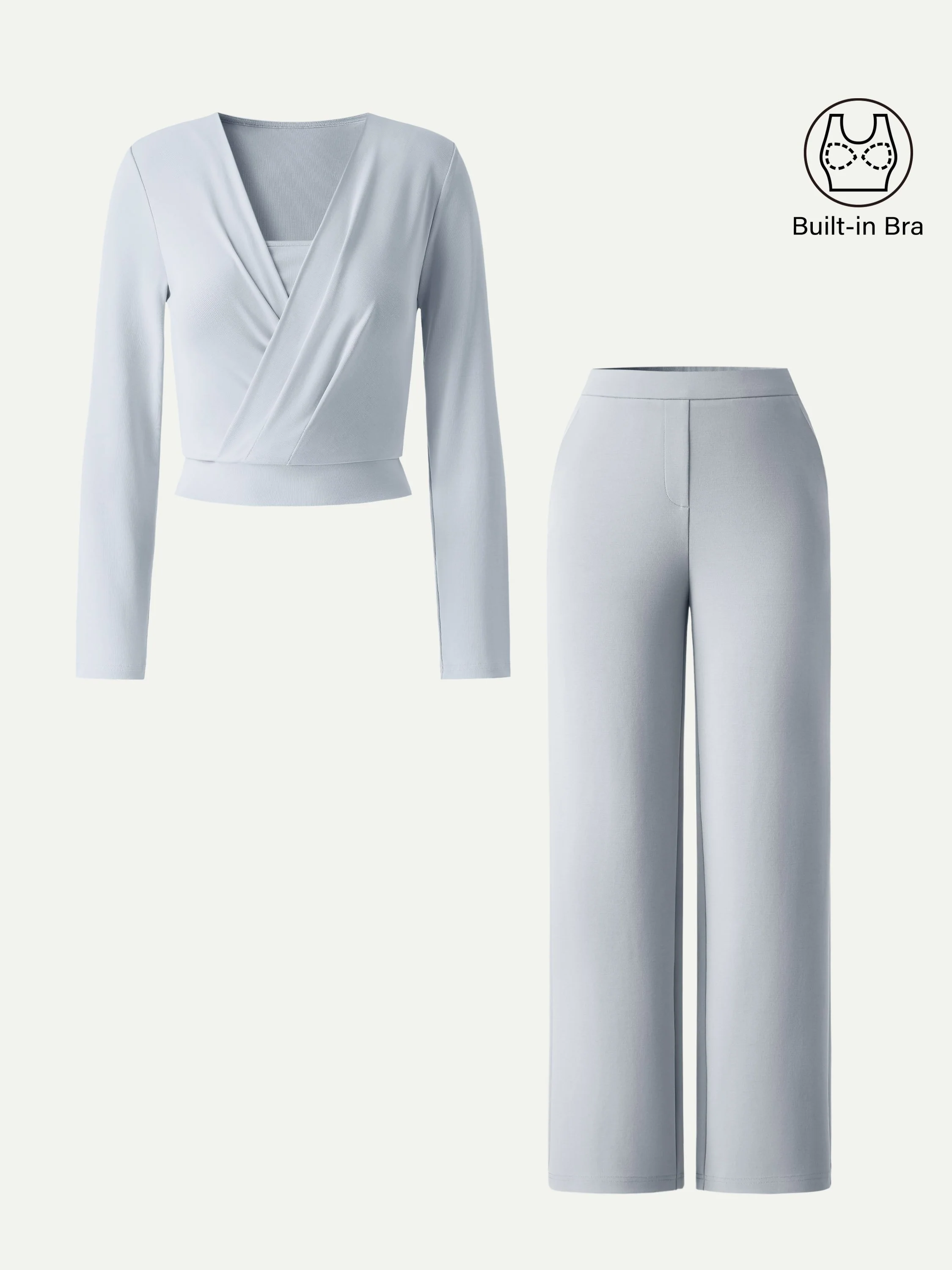 2Pcs Set Modal 2-in-1 Wrap Bra Top & Straight Leg Pull-on Travel Pants - Image 5
