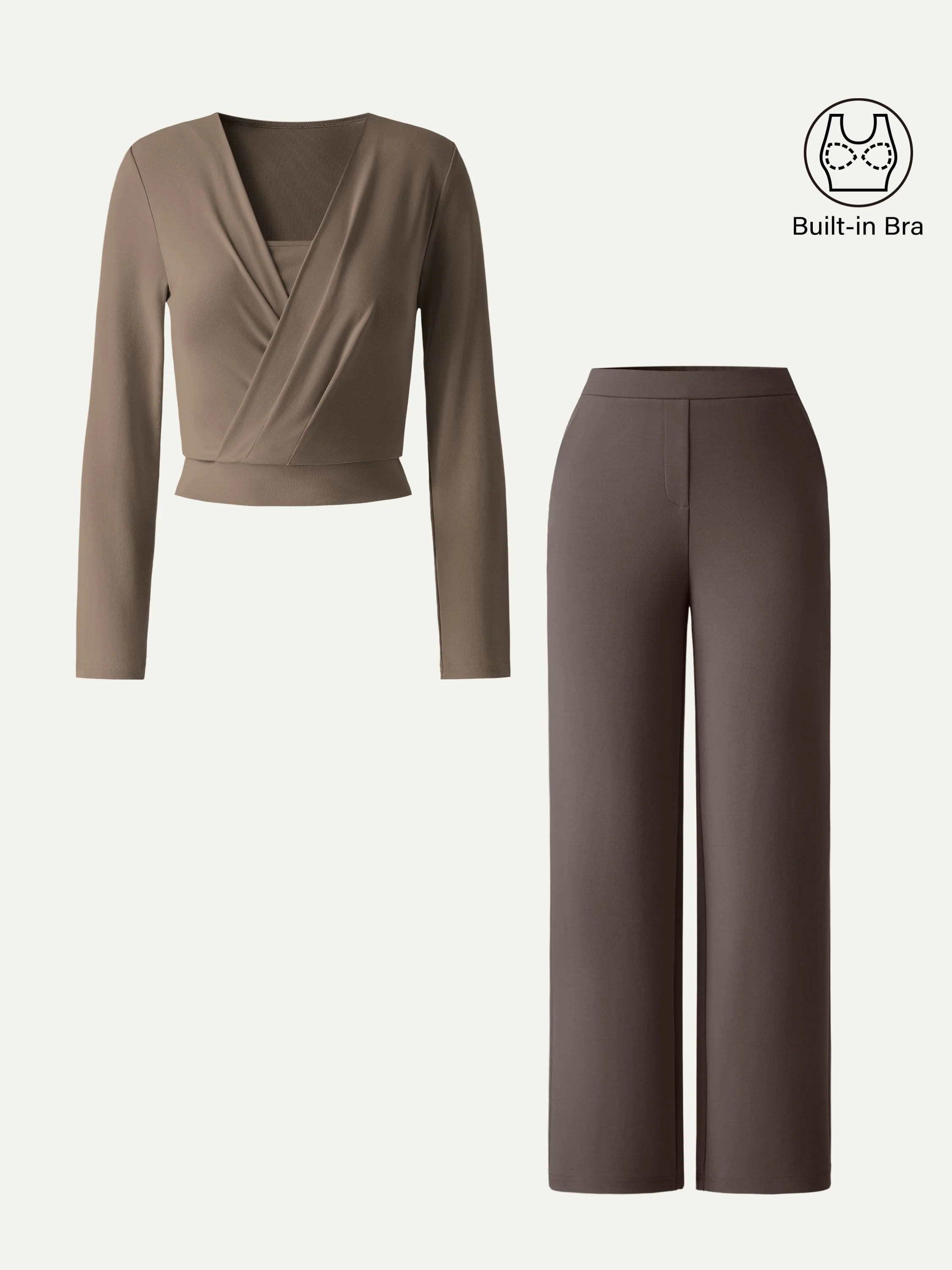2Pcs Set Modal 2-in-1 Wrap Bra Top & Straight Leg Pull-on Travel Pants - Image 6