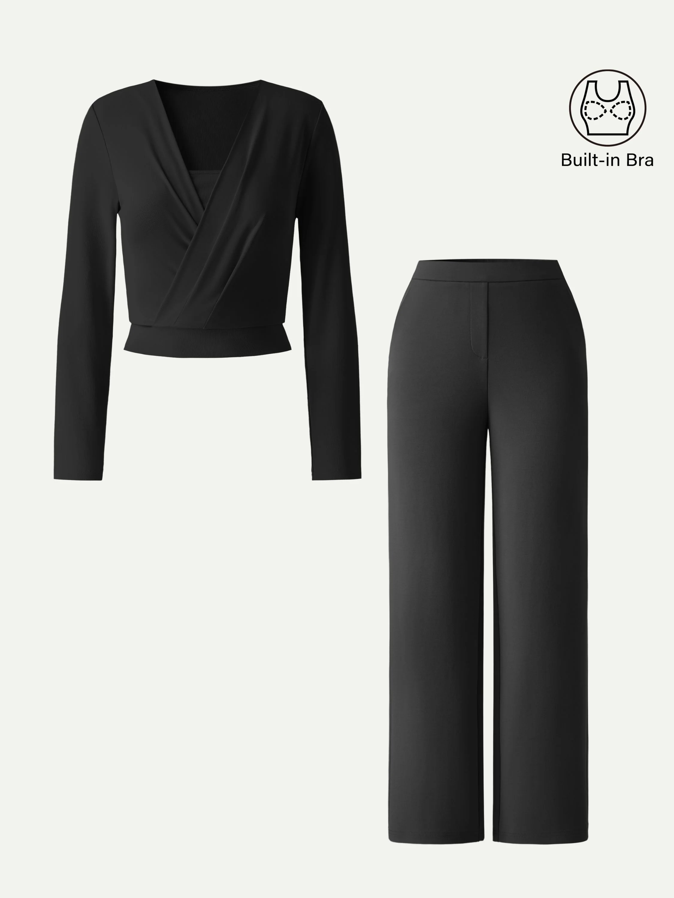 2Pcs Set Modal 2-in-1 Wrap Bra Top & Straight Leg Pull-on Travel Pants - Image 7