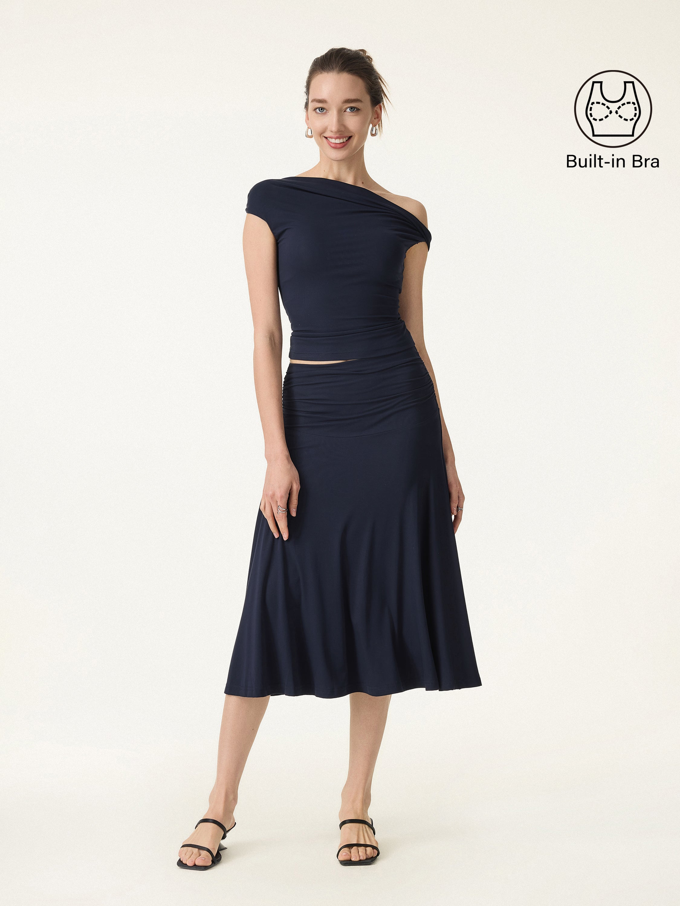 2Pcs Set Multi-wear Bra Top & Side Ruched A-line Midi Skirt - Image 2