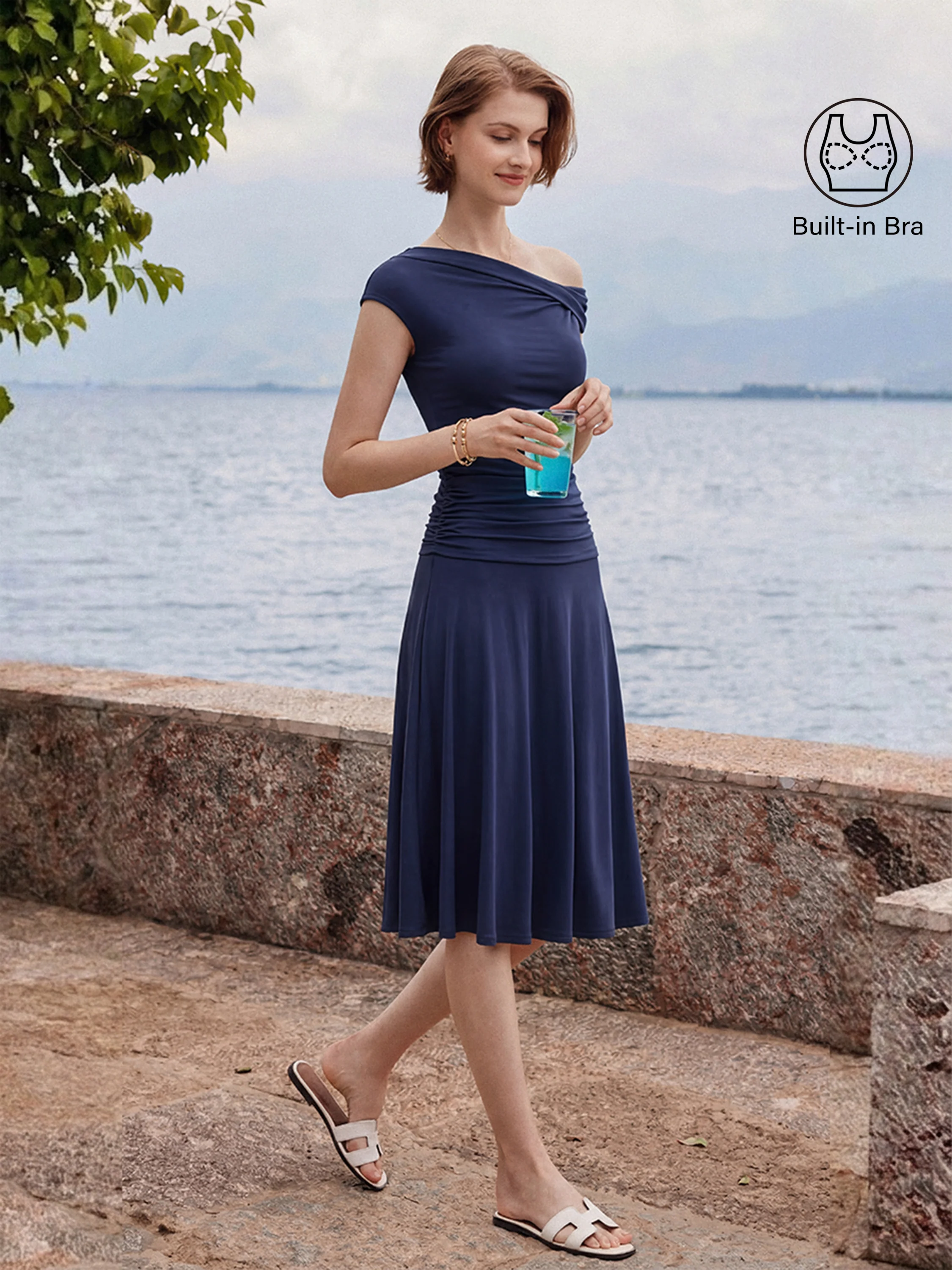 2Pcs Set Multi-wear Bra Top & Side Ruched A-line Midi Skirt - Image 3