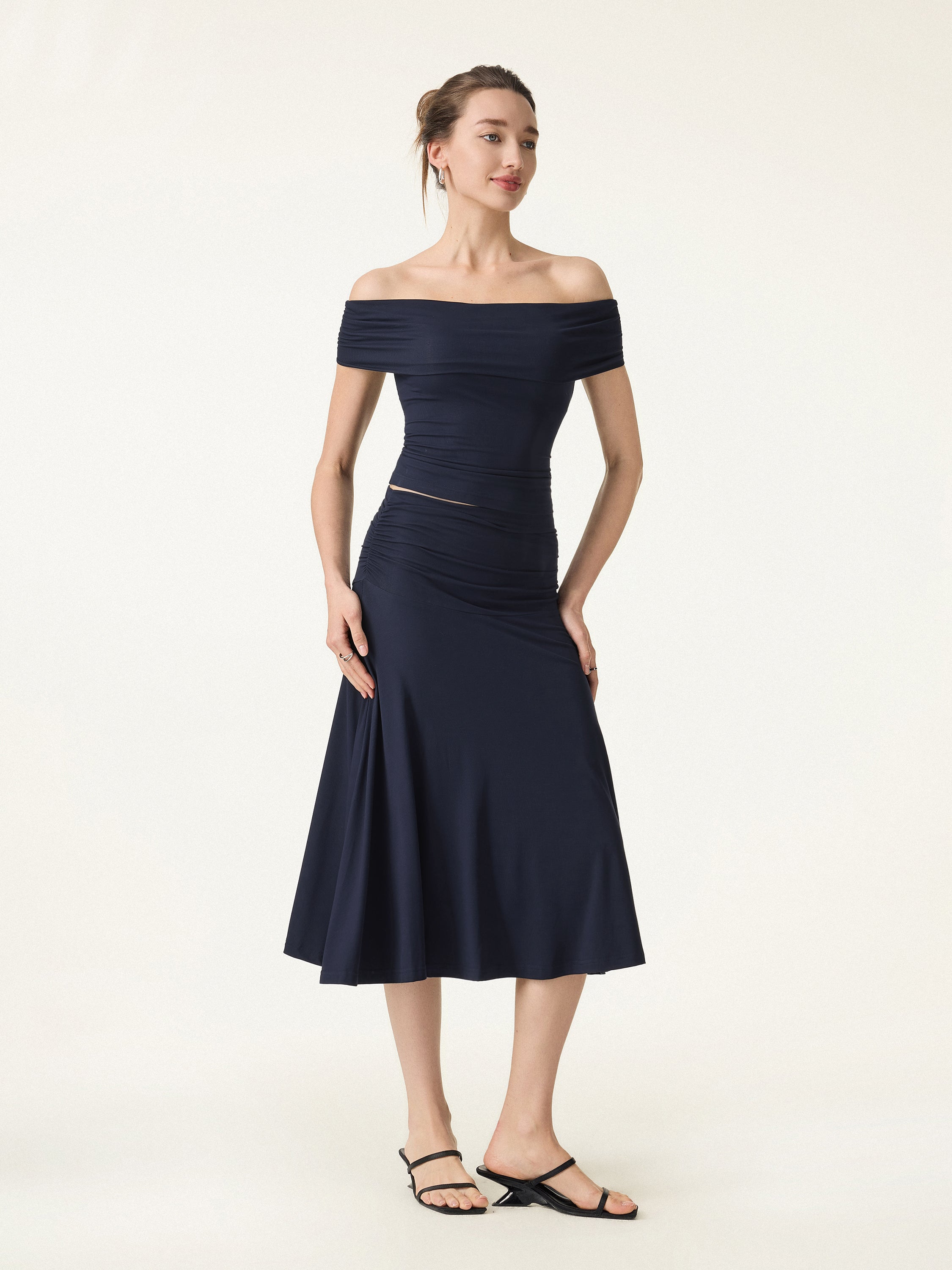 2Pcs Set Multi-wear Bra Top & Side Ruched A-line Midi Skirt - Image 5