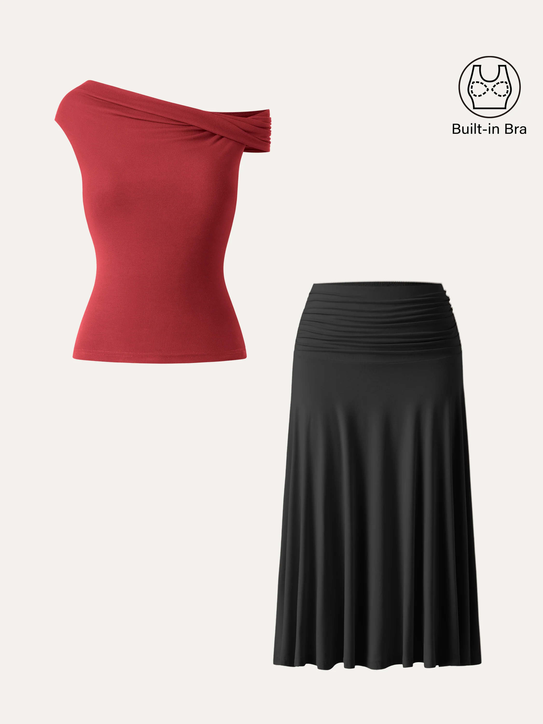 2Pcs Set Multi-wear Bra Top & Side Ruched A-line Midi Skirt - Image 9