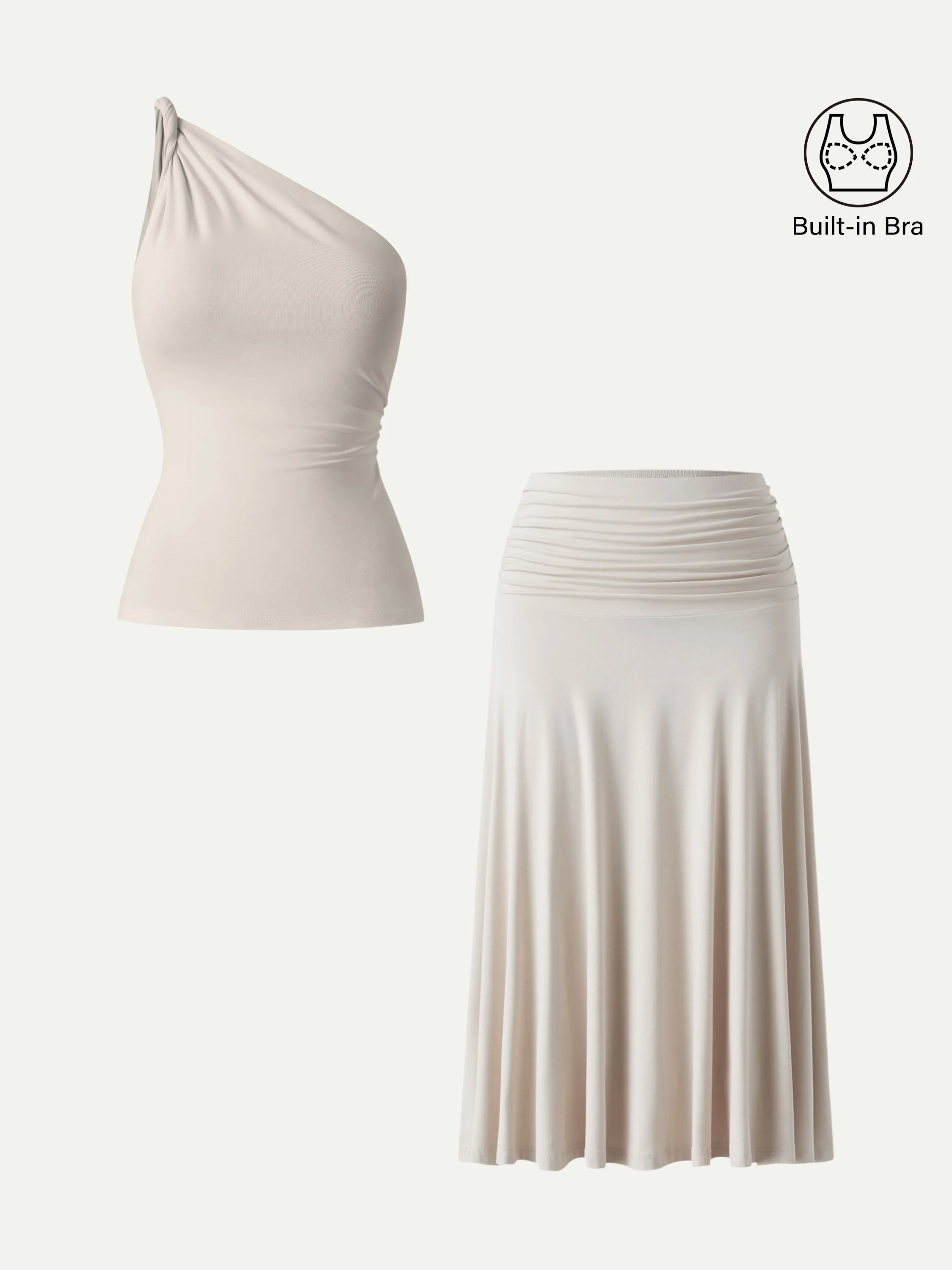 2Pcs Set One Shoulder Twisted Bra Tank & Side Ruched A-line Midi Skirt - Image 2