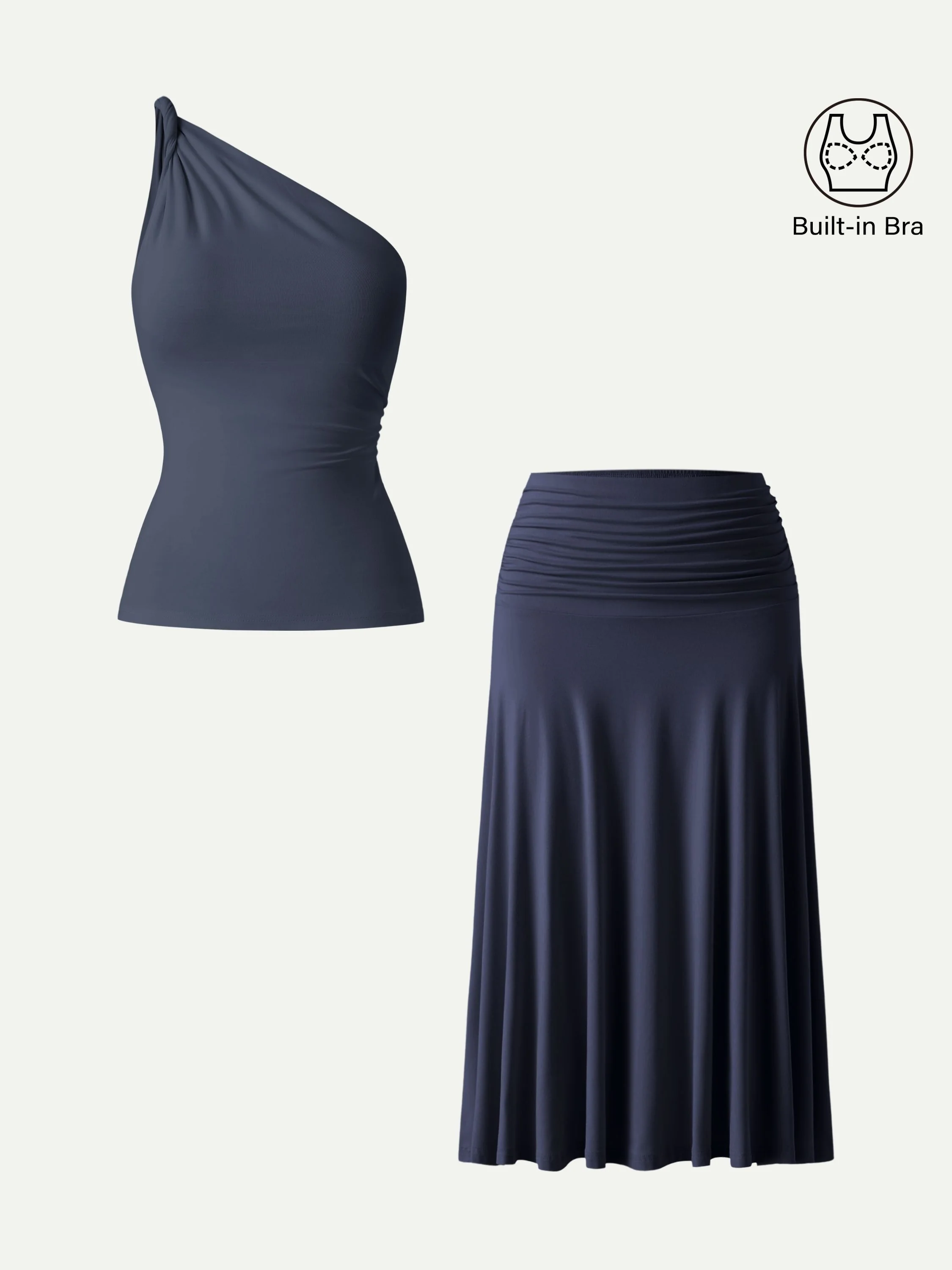 2Pcs Set One Shoulder Twisted Bra Tank & Side Ruched A-line Midi Skirt - Image 3