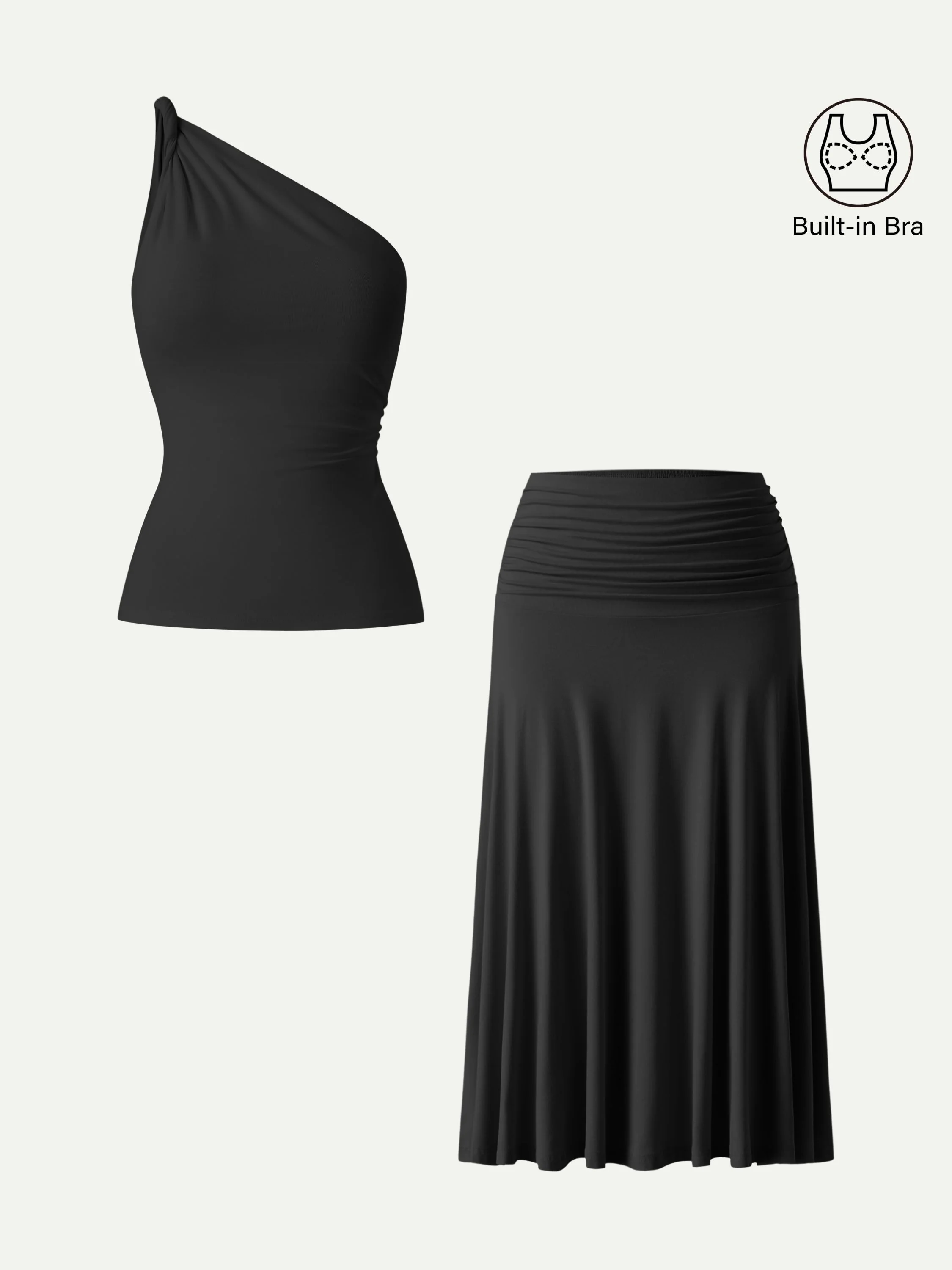 2Pcs Set One Shoulder Twisted Bra Tank & Side Ruched A-line Midi Skirt - Image 5