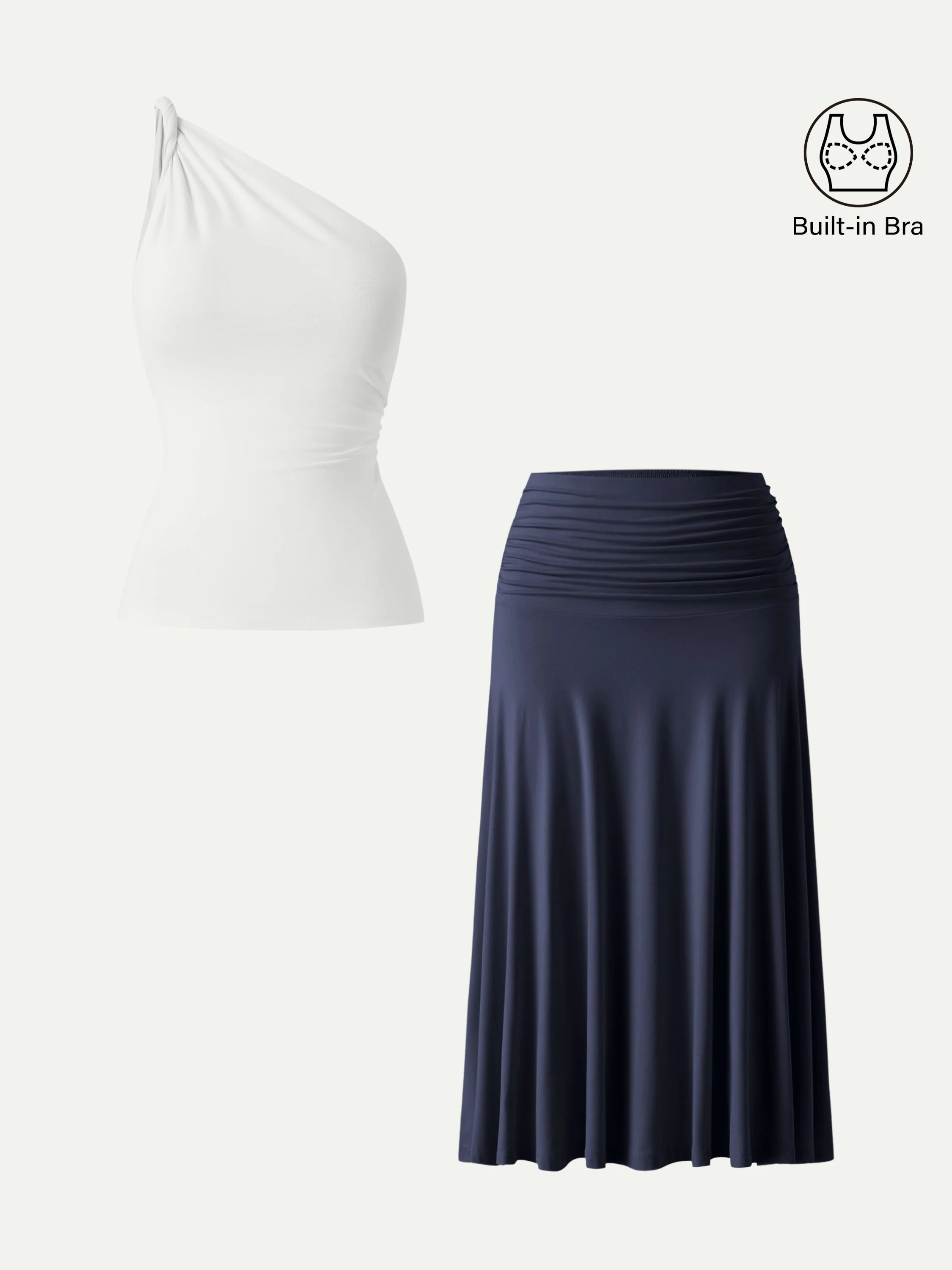 2Pcs Set One Shoulder Twisted Bra Tank & Side Ruched A-line Midi Skirt - Image 6