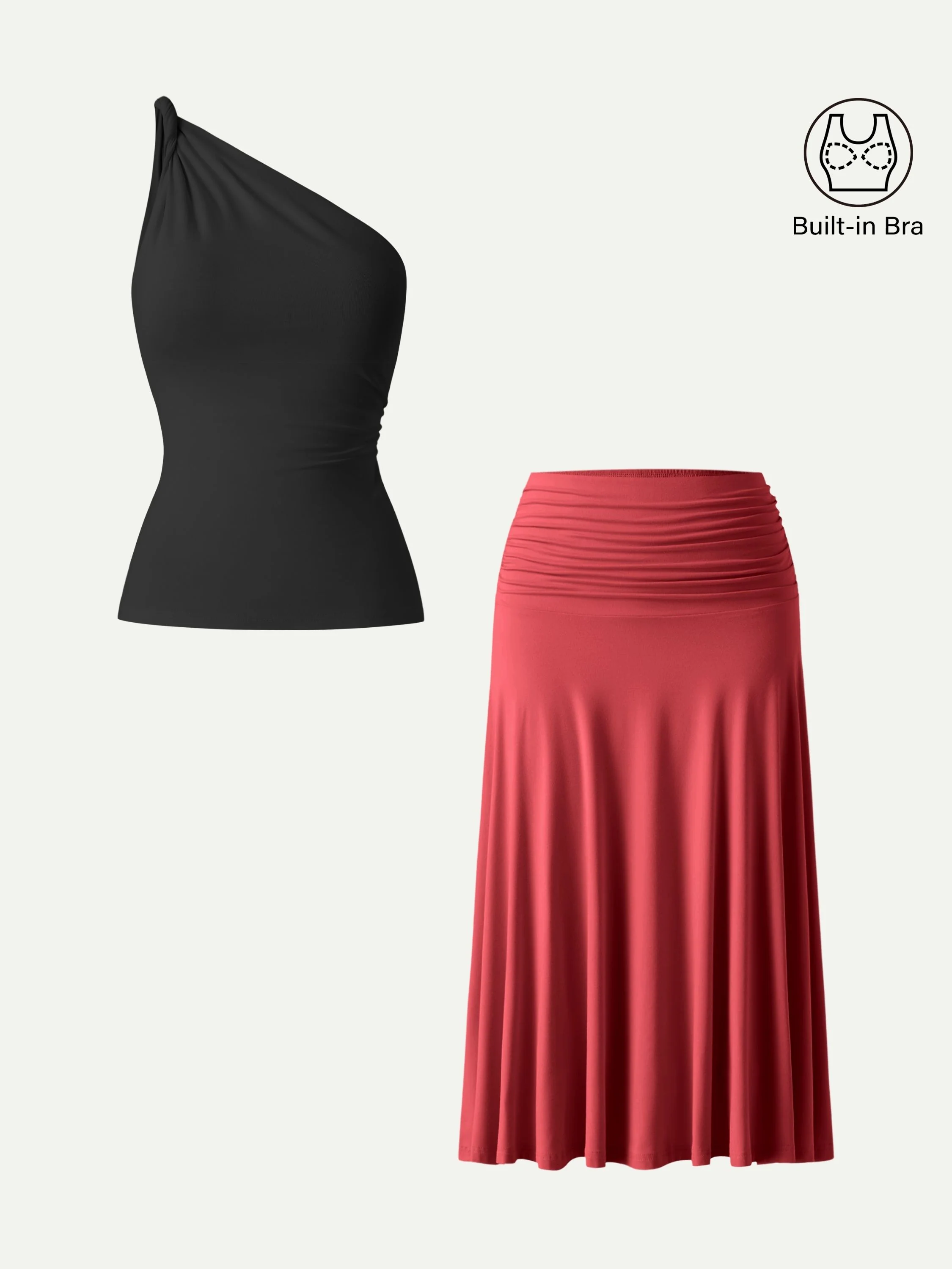 2Pcs Set One Shoulder Twisted Bra Tank & Side Ruched A-line Midi Skirt - Image 7