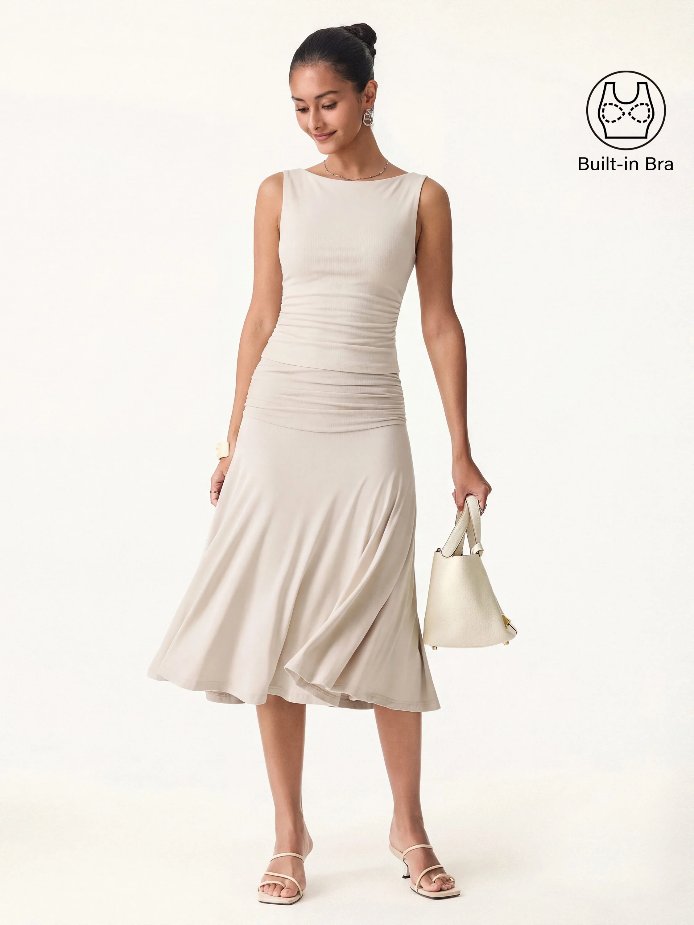 2Pcs Set Open Back Bra Tank & Side Ruched A-line Midi Skirt