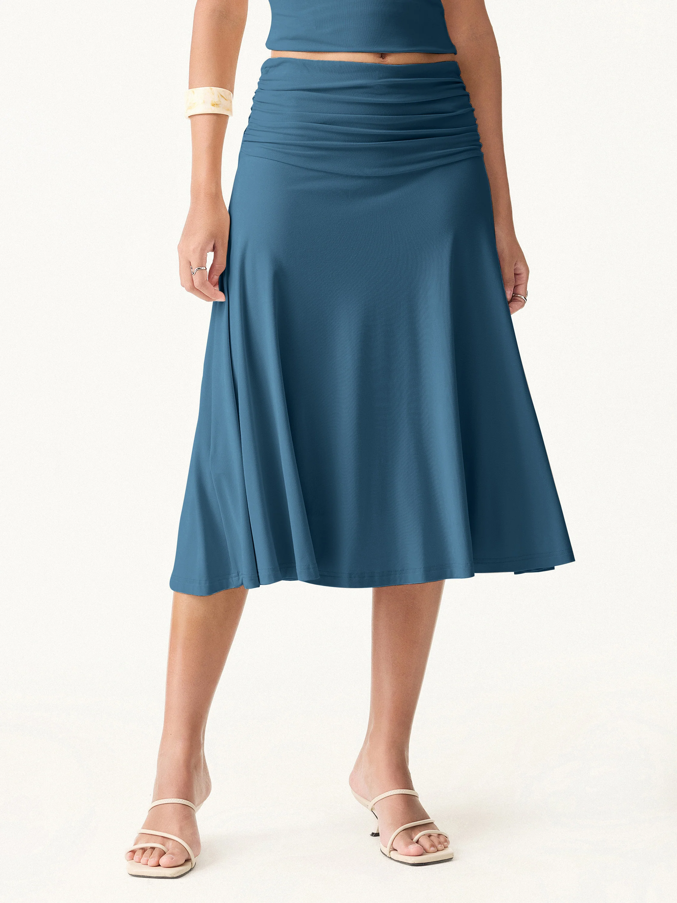 Flowy Side Ruched A-line Midi Skirt - Image 14