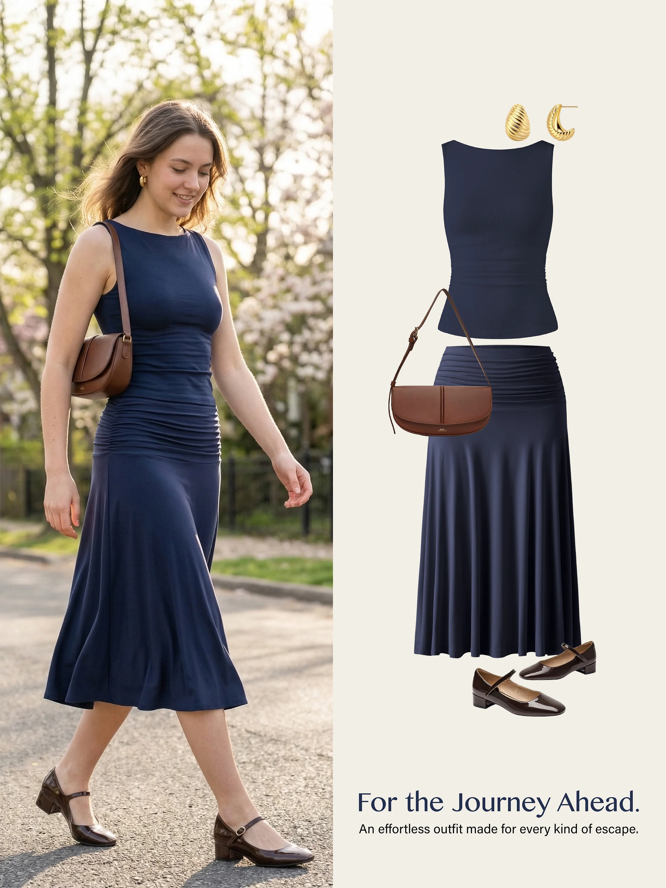 2Pcs Set Open Back Bra Tank & Side Ruched A-line Midi Skirt - Image 2
