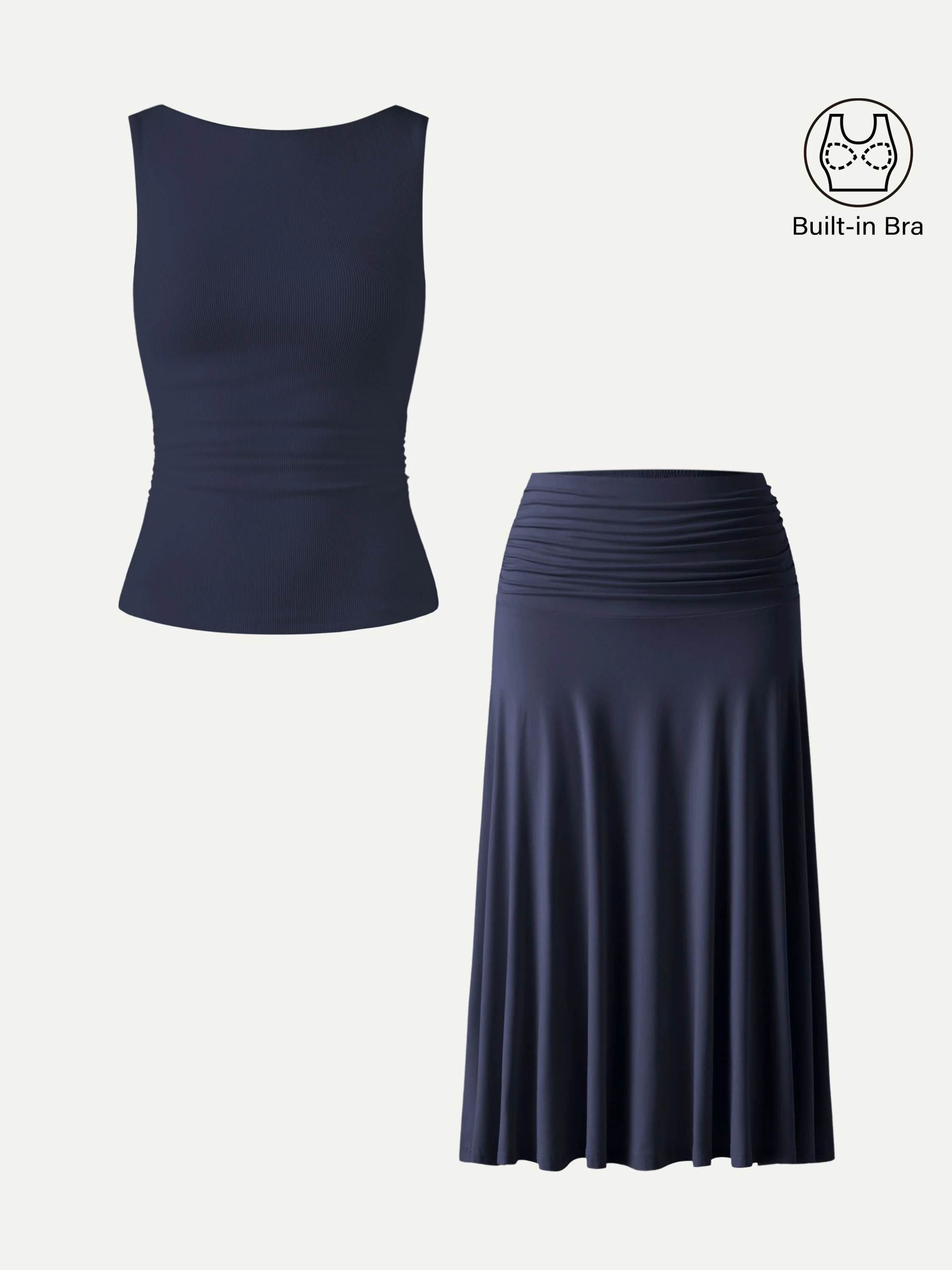 2Pcs Set Open Back Bra Tank & Side Ruched A-line Midi Skirt - Image 4