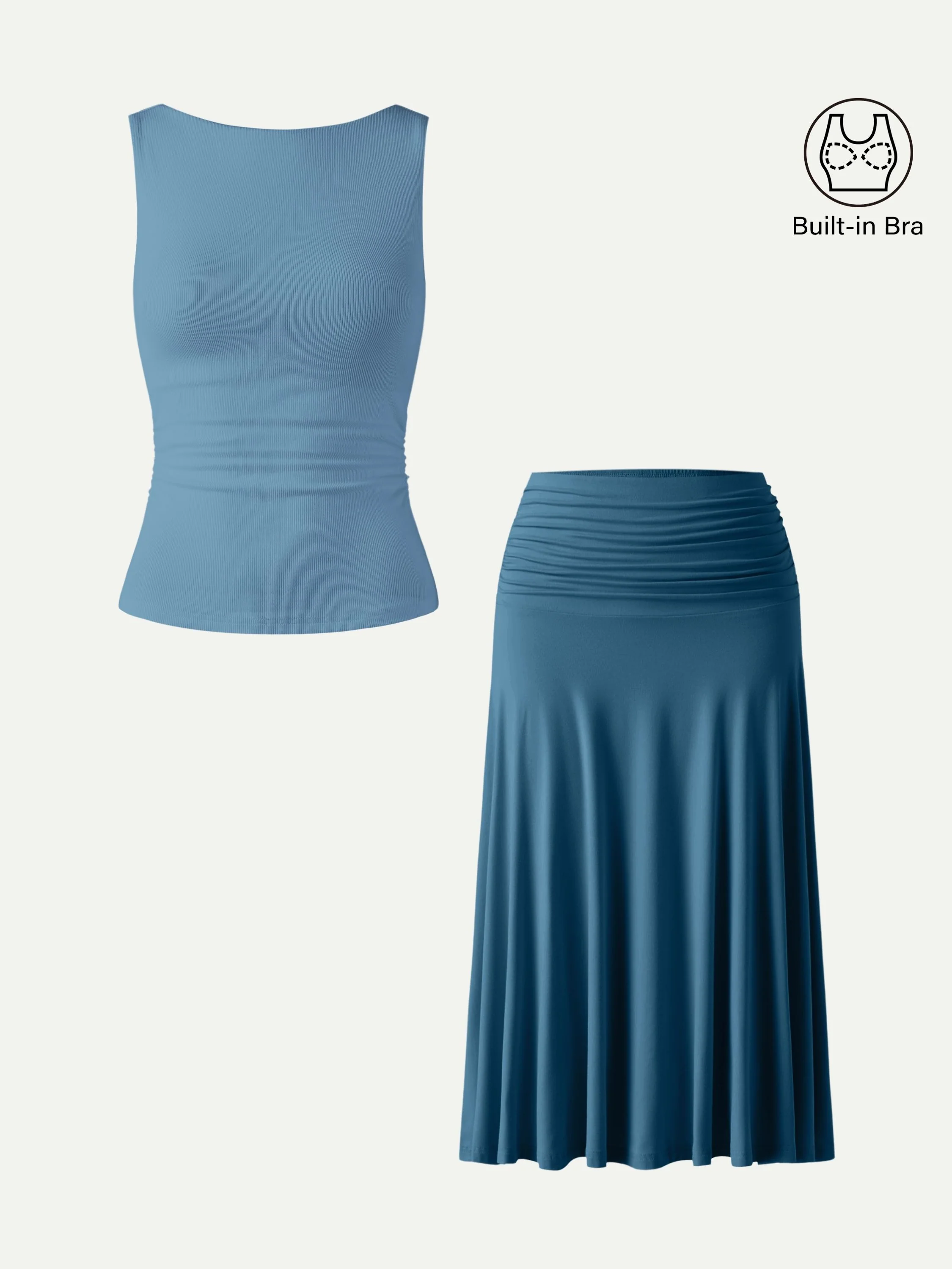 2Pcs Set Open Back Bra Tank & Side Ruched A-line Midi Skirt - Image 5