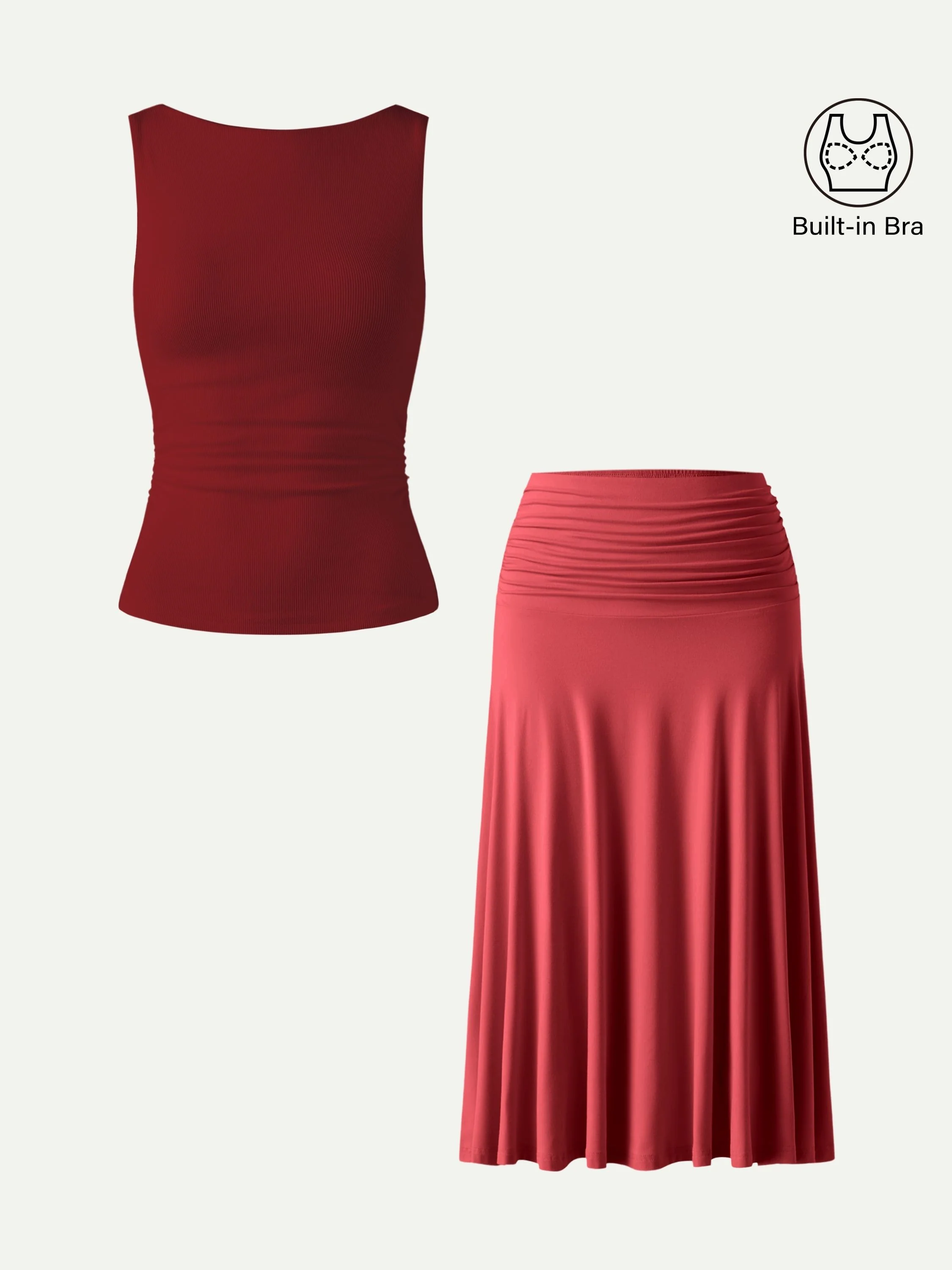 2Pcs Set Open Back Bra Tank & Side Ruched A-line Midi Skirt - Image 6