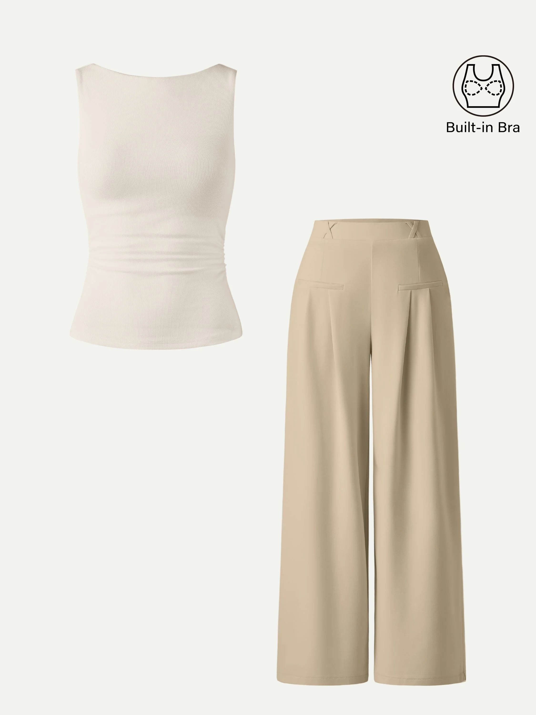 2Pcs Set Open Back Bra Tank & Mid Rise Wide Leg Trouser with Pockets - Image 2