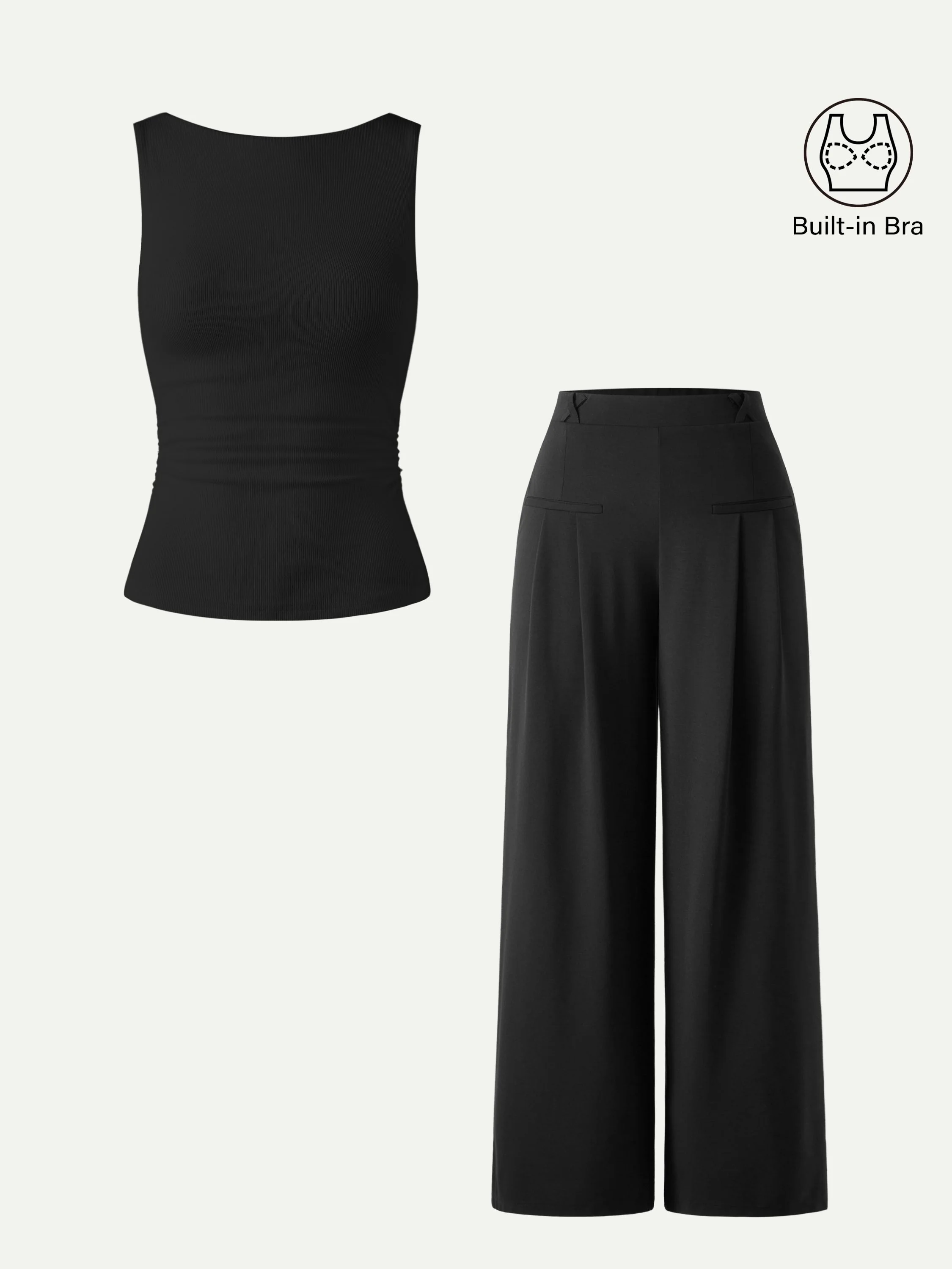 2Pcs Set Open Back Bra Tank & Mid Rise Wide Leg Trouser with Pockets - Image 5