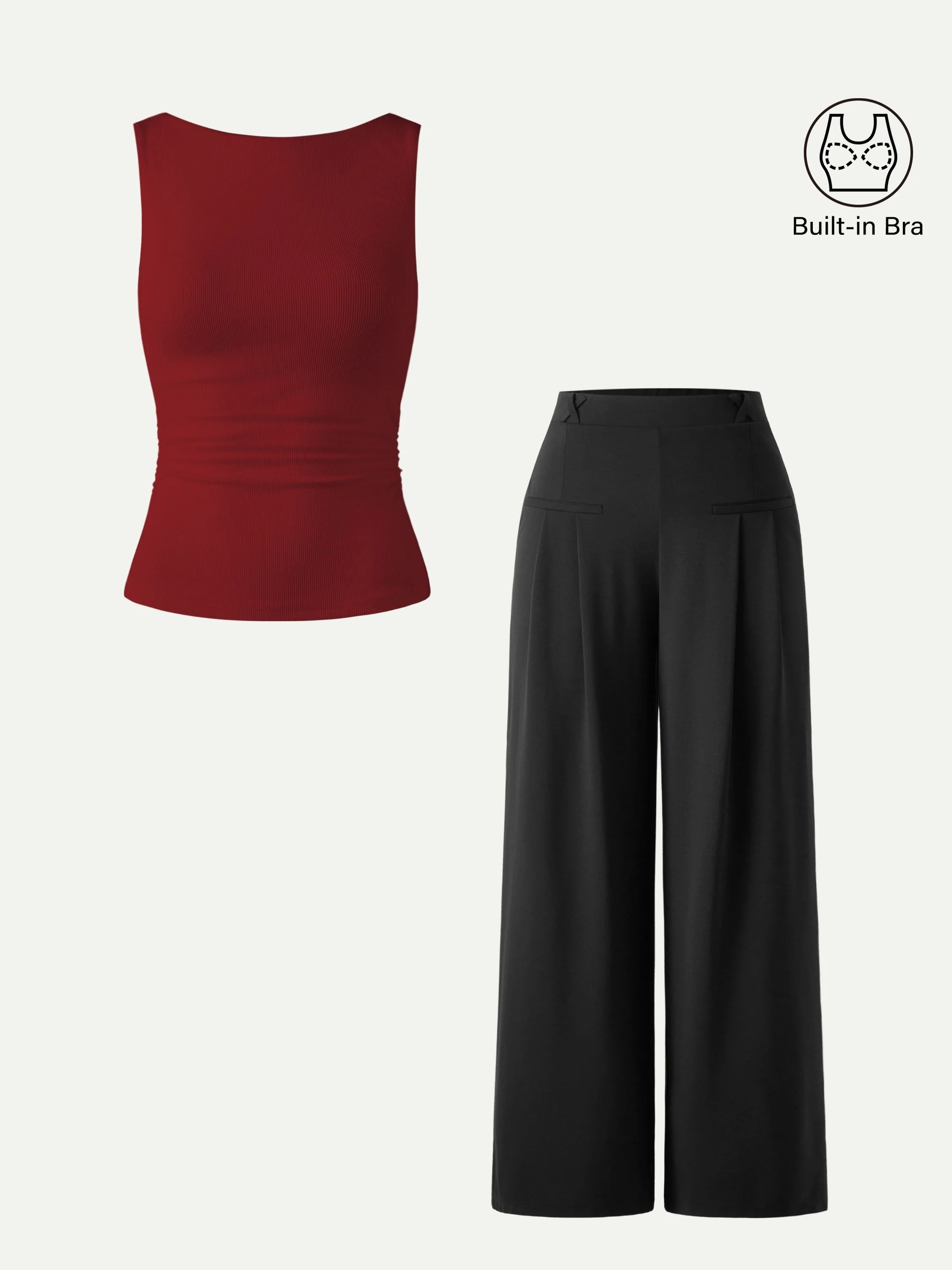 2Pcs Set Open Back Bra Tank & Mid Rise Wide Leg Trouser with Pockets - Image 6