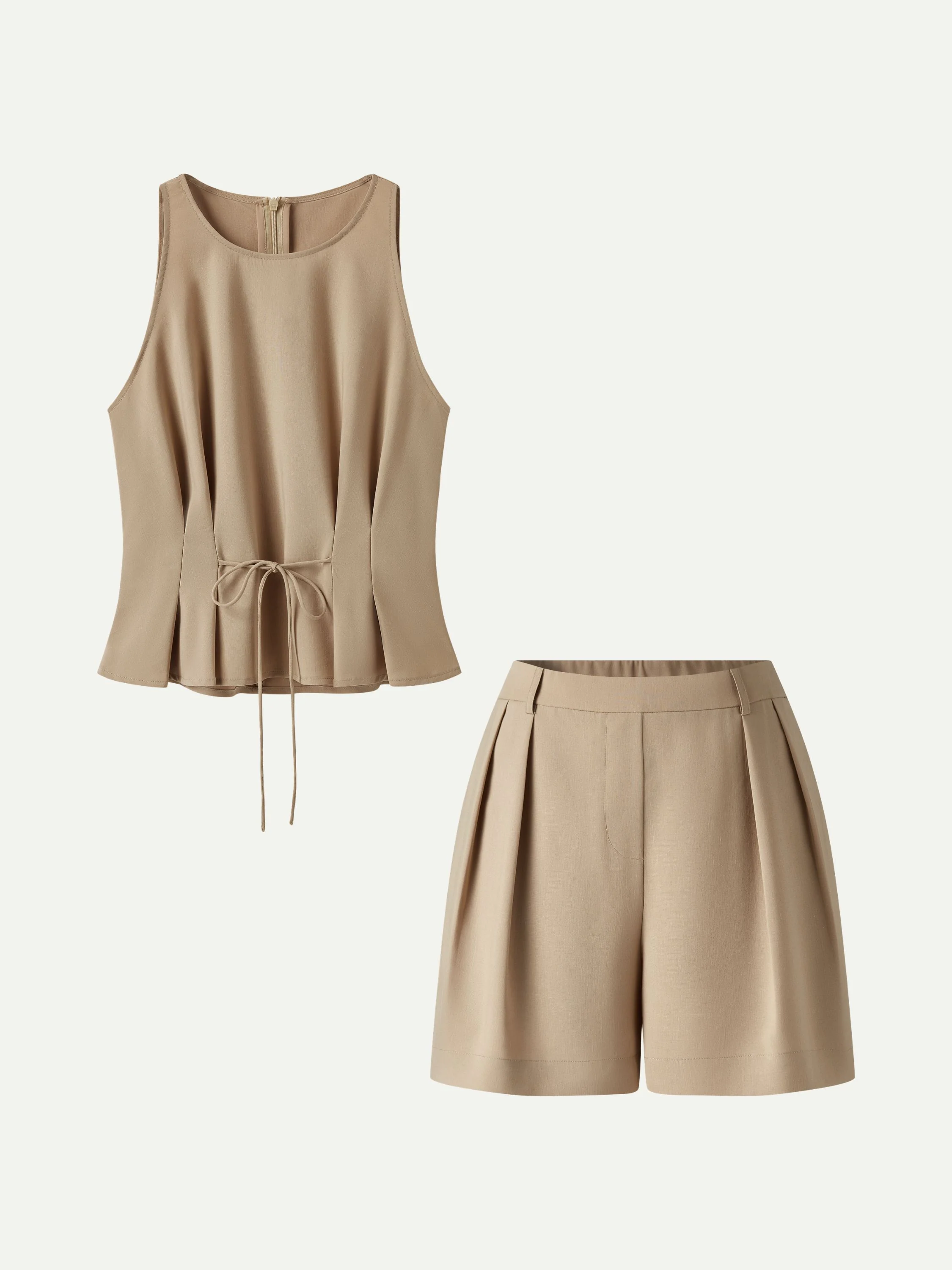 2Pcs Set Pleated Self-Tie Top & Tailored Shorts with Pockets - Image 10