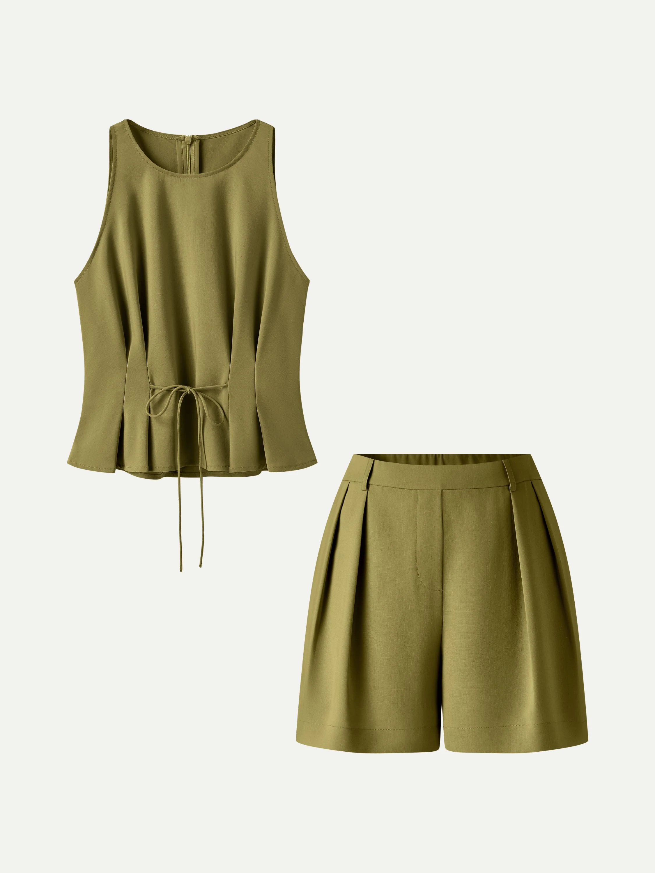 2Pcs Set Pleated Self-Tie Top & Tailored Shorts with Pockets - Image 11