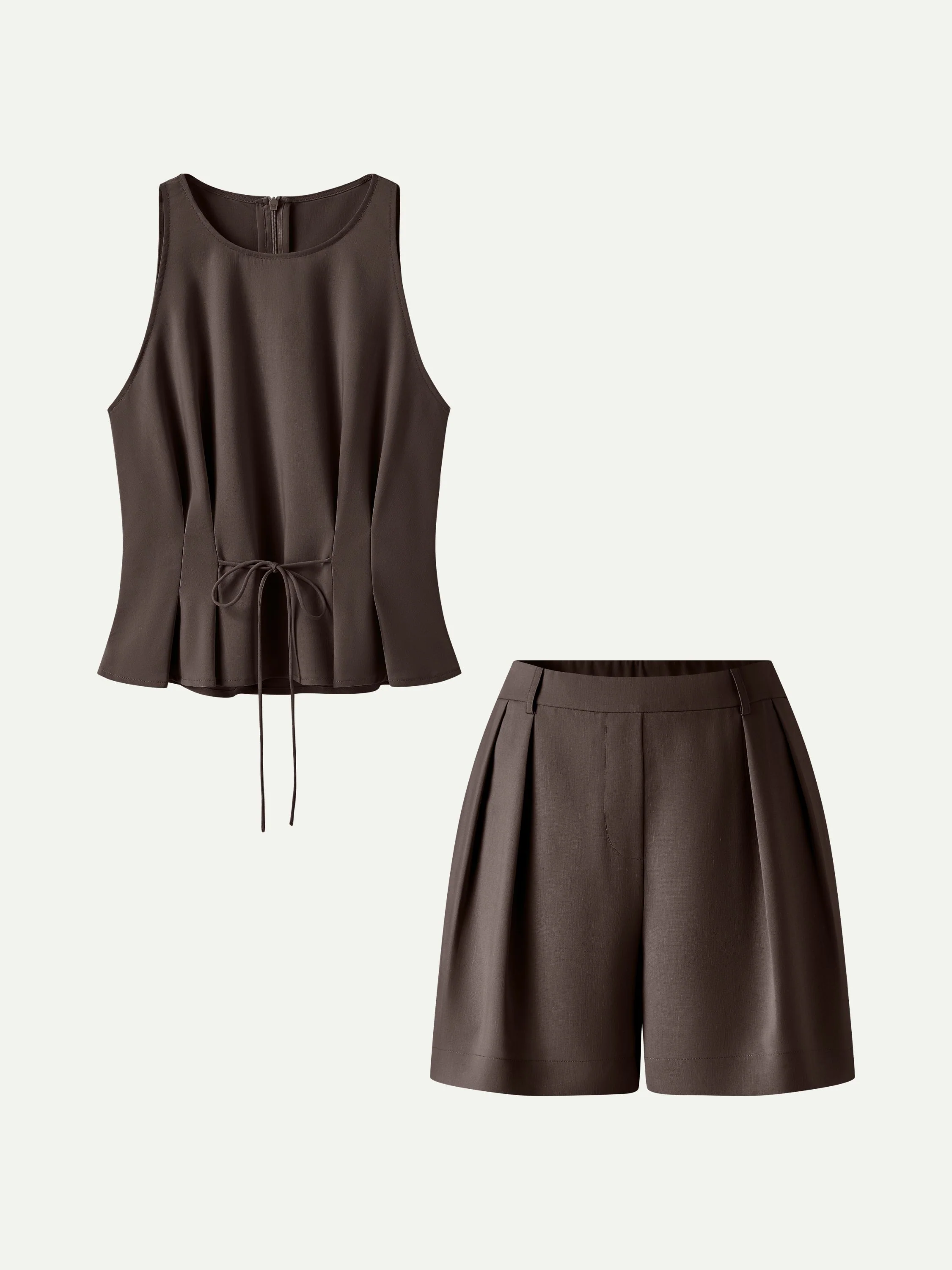 2Pcs Set Pleated Self-Tie Top & Tailored Shorts with Pockets - Image 12