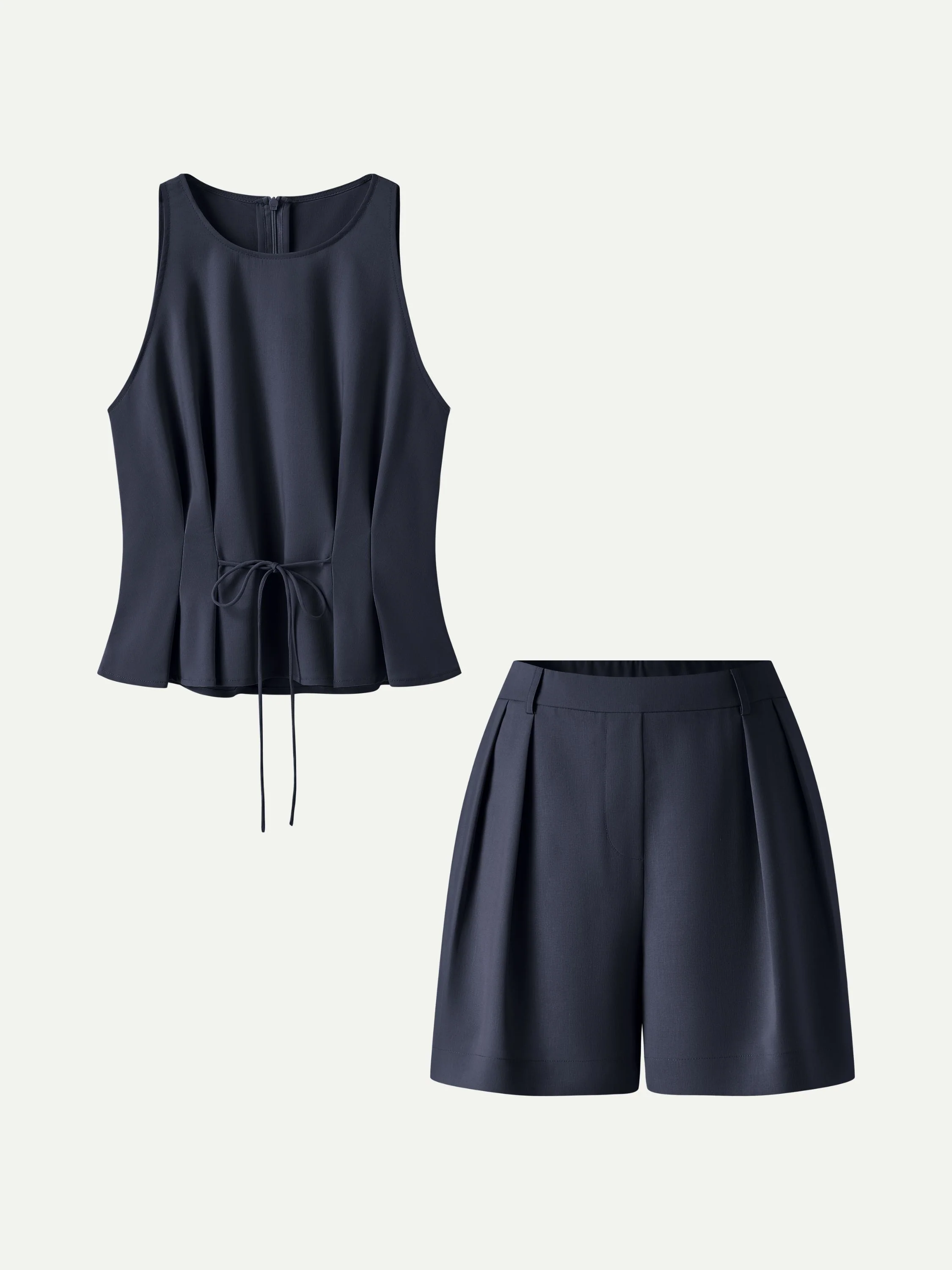 2Pcs Set Pleated Self-Tie Top & Tailored Shorts with Pockets - Image 13